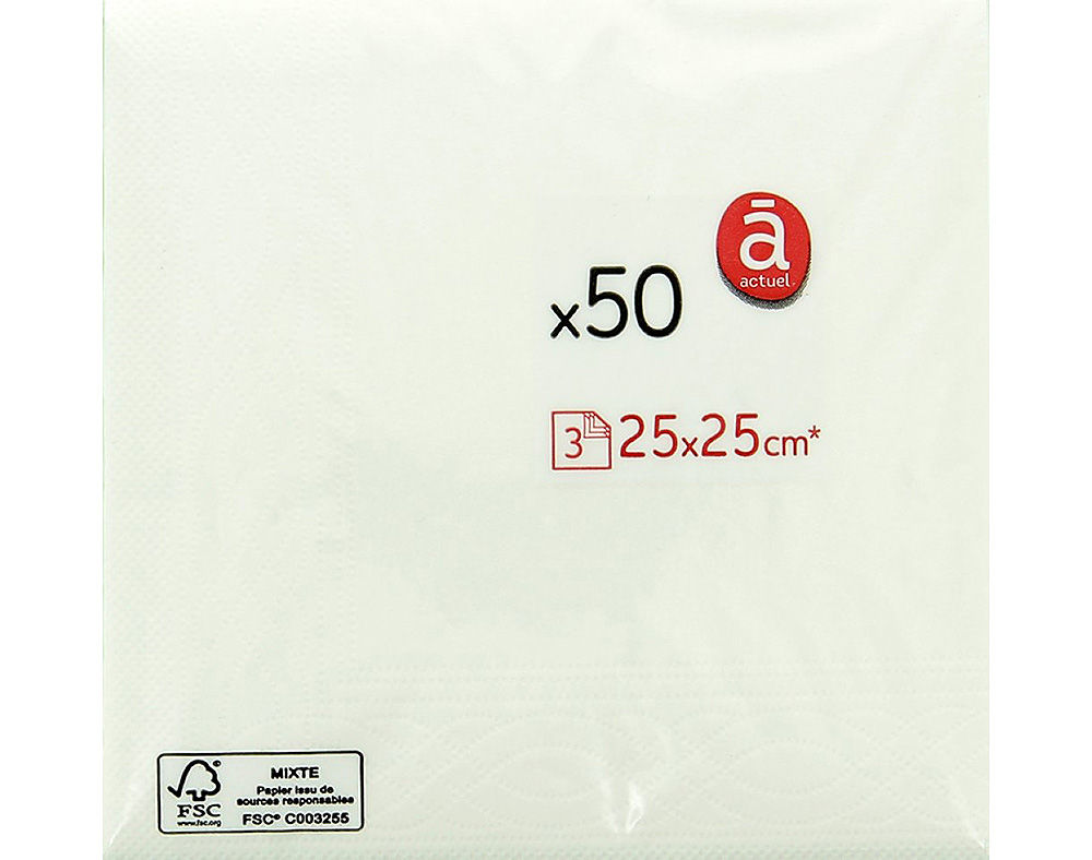 GUARDANAPOS FOLHA TRIPLA ACTUEL BRANCO 25X25CM PACK 50 UNIDADES