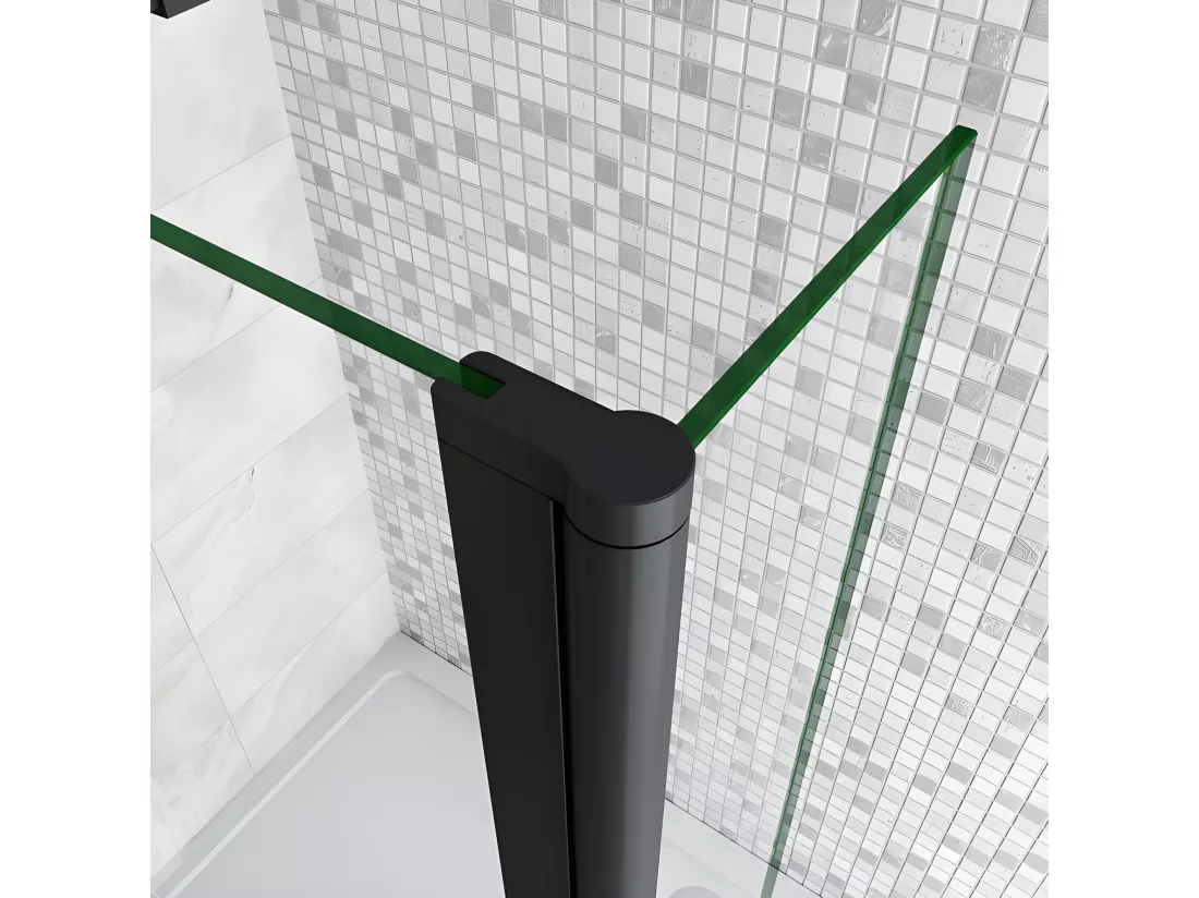 Paroi de douche à l'italienne avec retour pivotant 150+40x200cm avec barre de fixation 90cm en carré - Noir Mat - 8mm verre anticalcaire