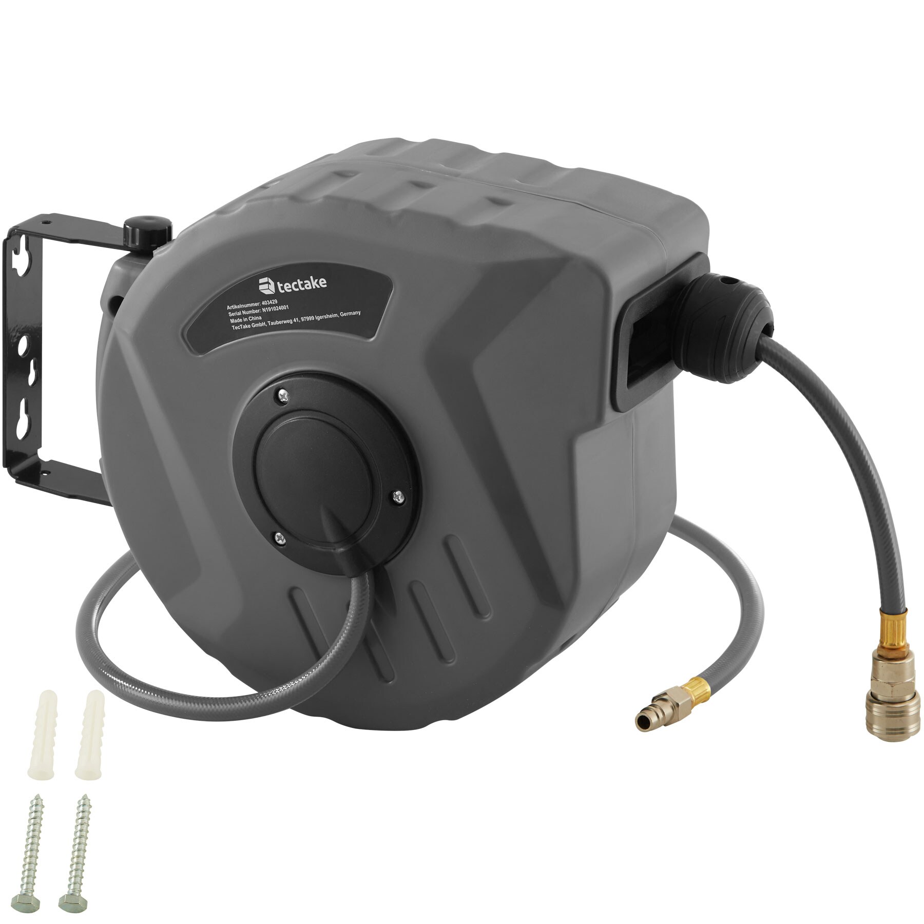 tectake® Druckluftschlauch mit Trommel, mit ¼ Zoll Schnellkupplung, Drehbereich 180°, inklusive Montagematerial