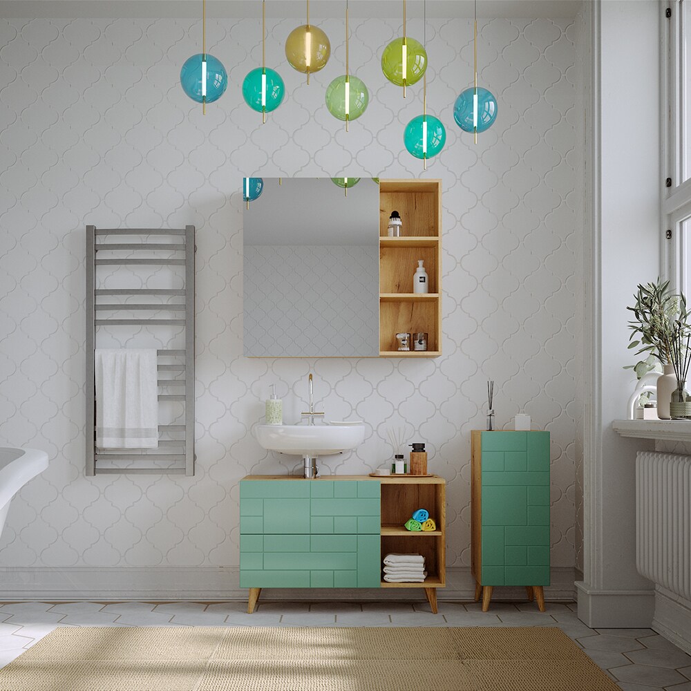 Vicco Badmöbel-Set Rudi in Eiche Evoke Mintgrün, Badezimmer, moderne Badserie Waschbeckenunterschrank Spiegelschrank Midischrank