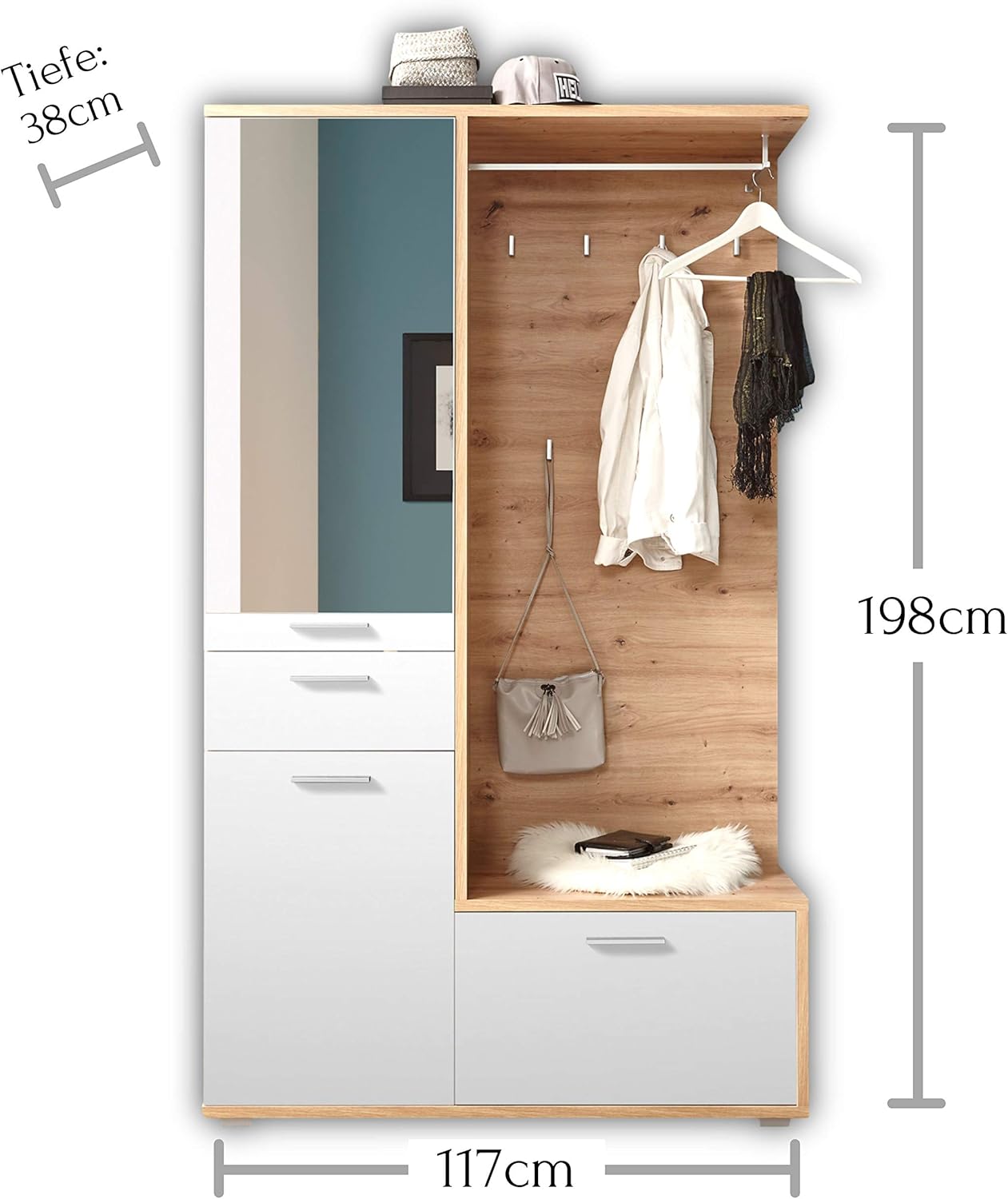 ENTRA Flurgarderoben Set in Artisan Eiche Optik, Weiß - Stylishe Kompaktgarderobe mit Spiegel für Ihren Eingangsbereich - 117 x 198 x 38 cm (B/H/T)