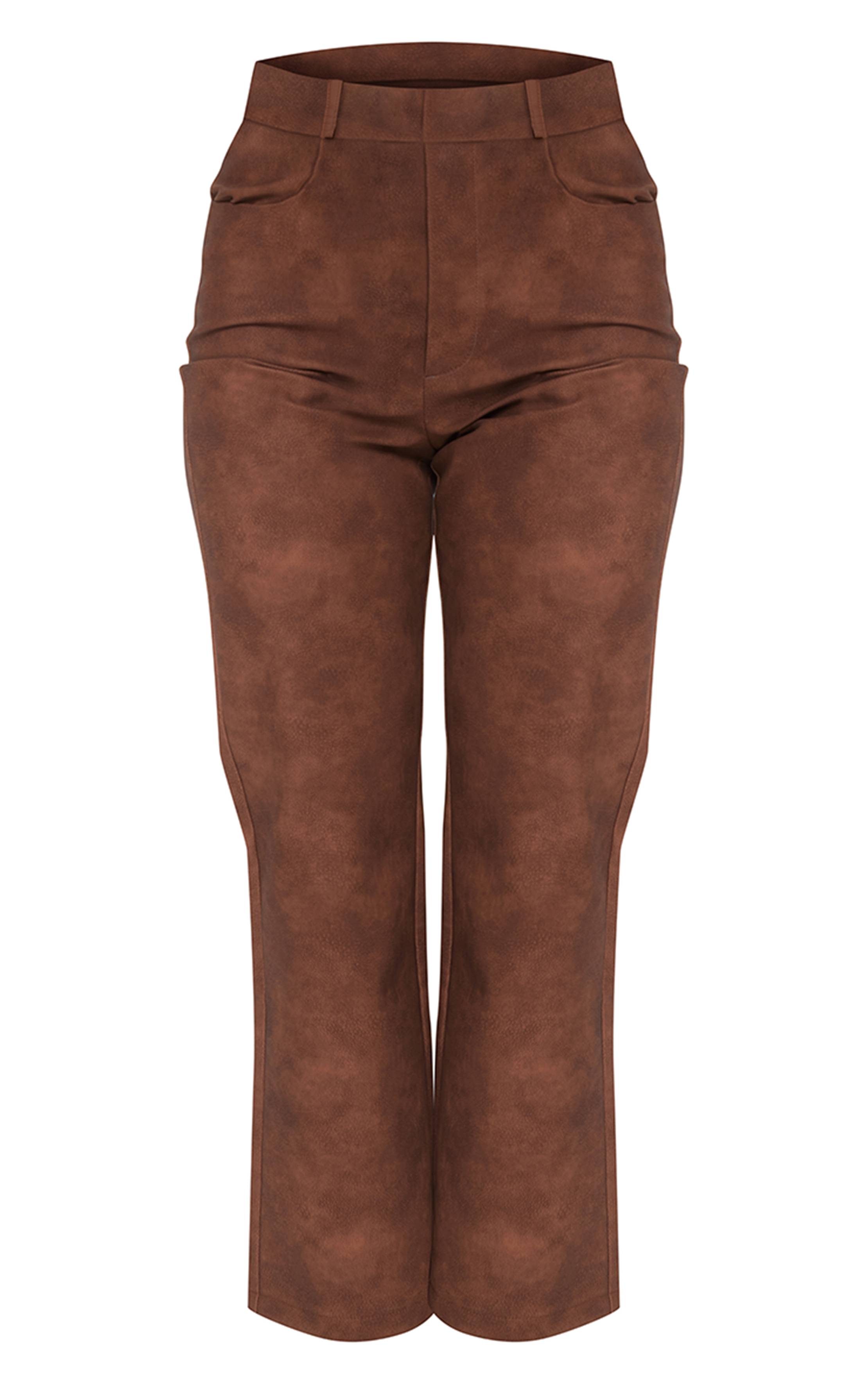 Marron Pantalon Droit Court En Synthétique Effet Délavé