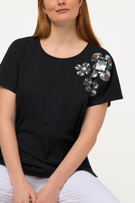 T-Shirt, Pailletten-Blüten, Oversized, Rundhals, Halbarm