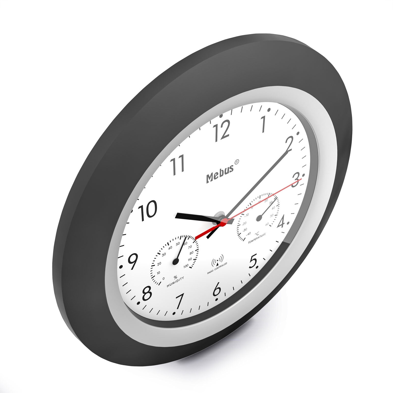 Mebus Funk-Wanduhr mit Thermo- und Hygrometer 30 cm schwarz/silberfarbig