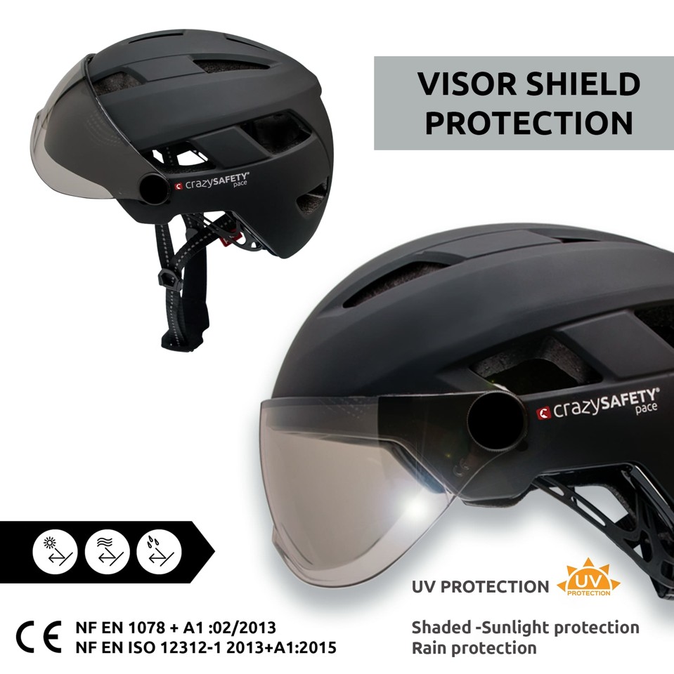 Crazy Safety - E-Bike cykelhjelm m. visir & LED lys (55-61 cm)