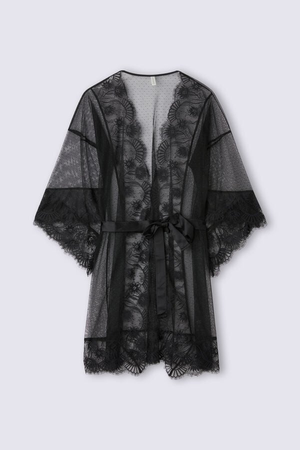 Vestido Plumetis de tule e renda sensual com flores