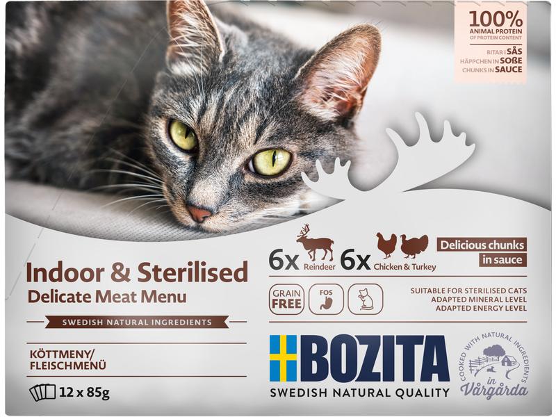 Bozita Nassfutter Pouch Häppchen in Sauce, Multibox, 12 x 8 Alleinfuttermittel für Wohnungs- und sterilisierte Katzen