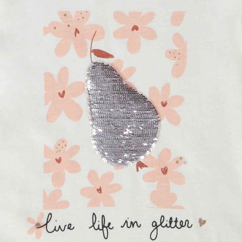 T-shirt manches longues en jersey avec sequins magiques pour fille - Ecru