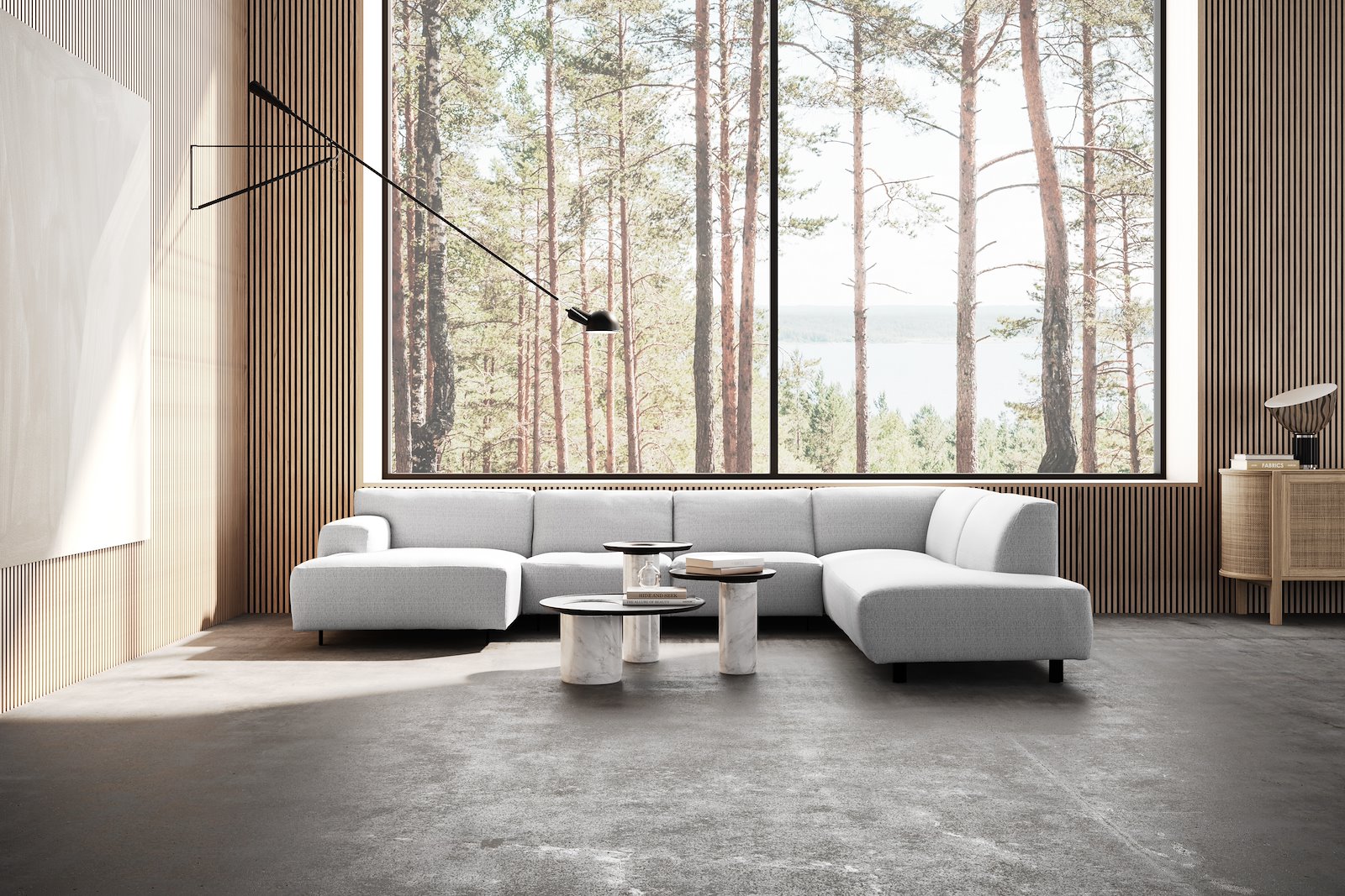 Vesta U-sofa Sjeselong venstre, 3-seter og åpen ende høyre. Big hjørnemodul, Tekstil Cortina Silver, sort metallben 10 cm, Comfort CM