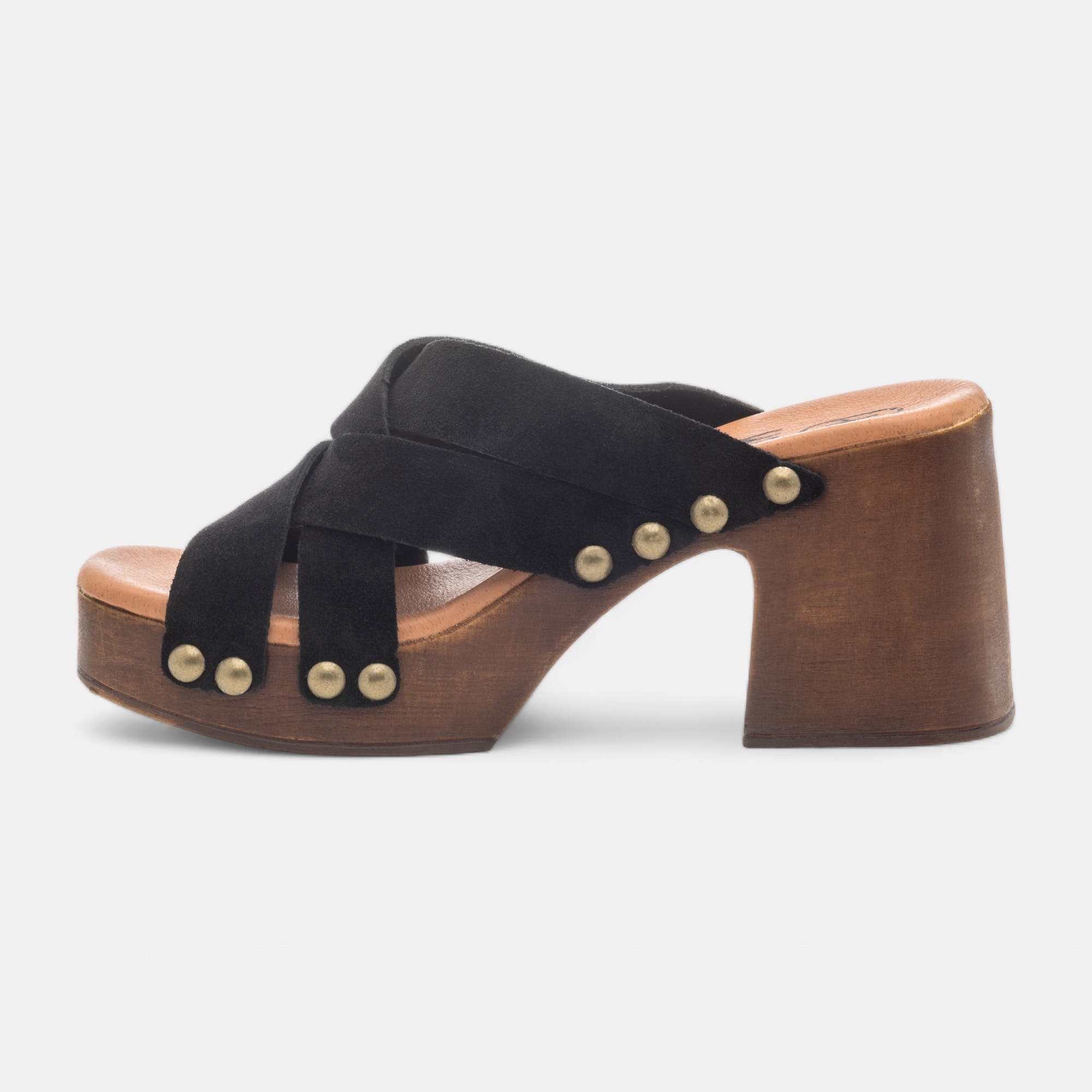 Chaussures semelle bois à talon Femme en cuir noir