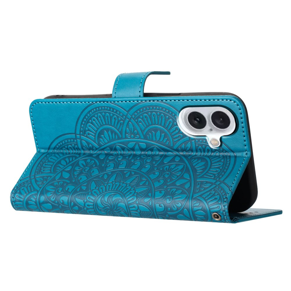 iPhone 16 Leder Tasche Wallet - Mandala Flowers Imprint - Blau