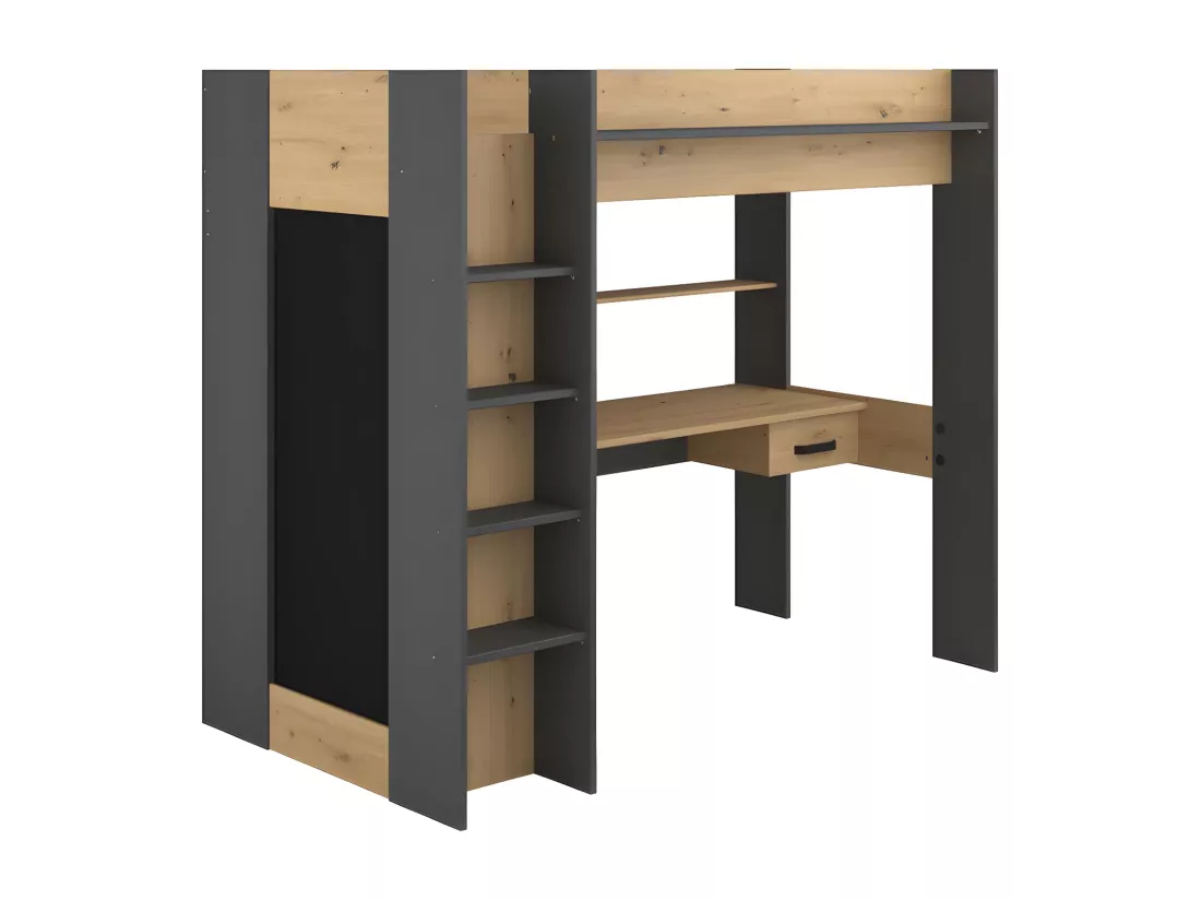 Lit mezzanine avec bureau et armoire - 90 x 200 cm - Coloris : Naturel et anthracite - AUCKLAND