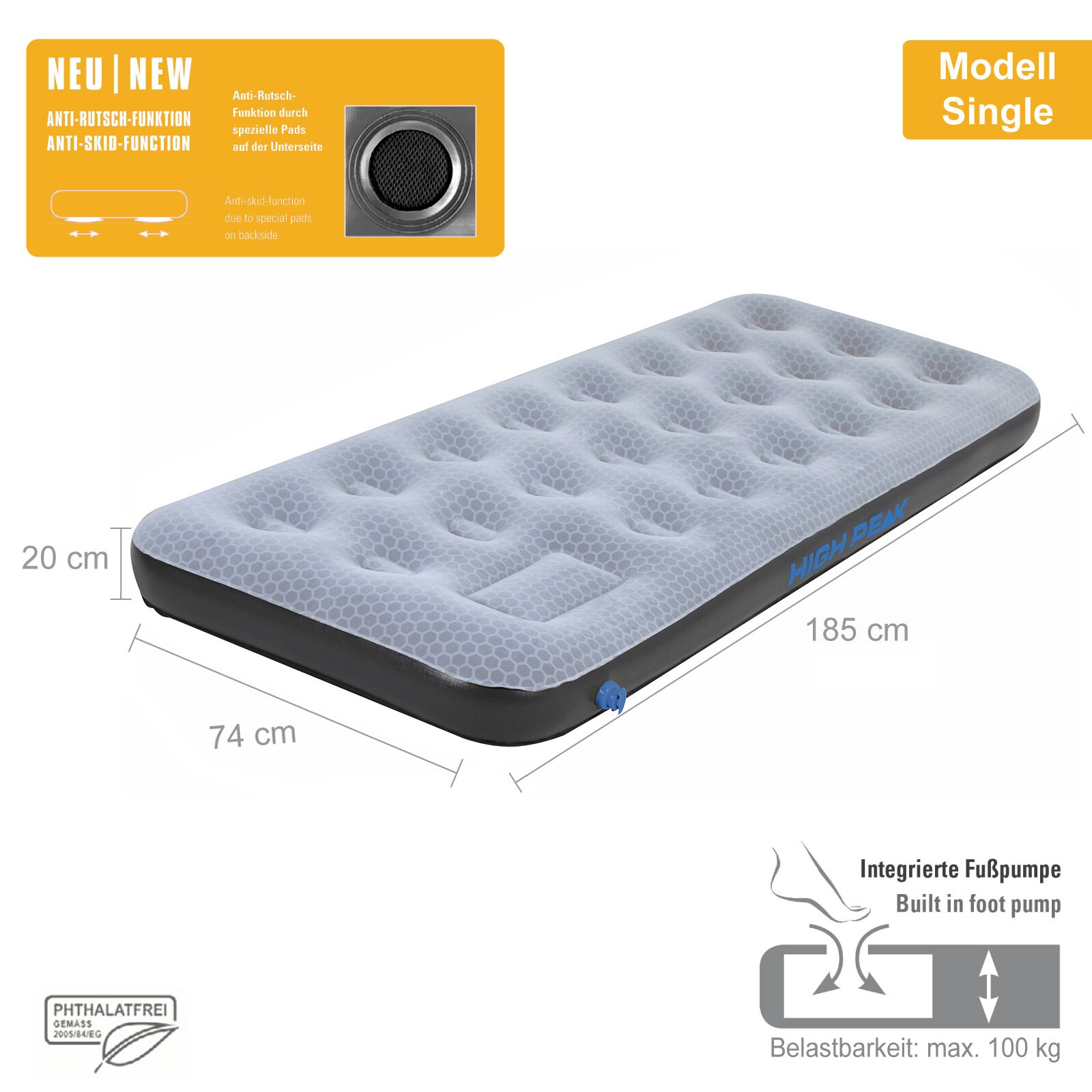 HIGH PEAK Luftbett Comfort Plus - Luftmatratze Camping Gästebett Isomatte Pumpe Größe: Single