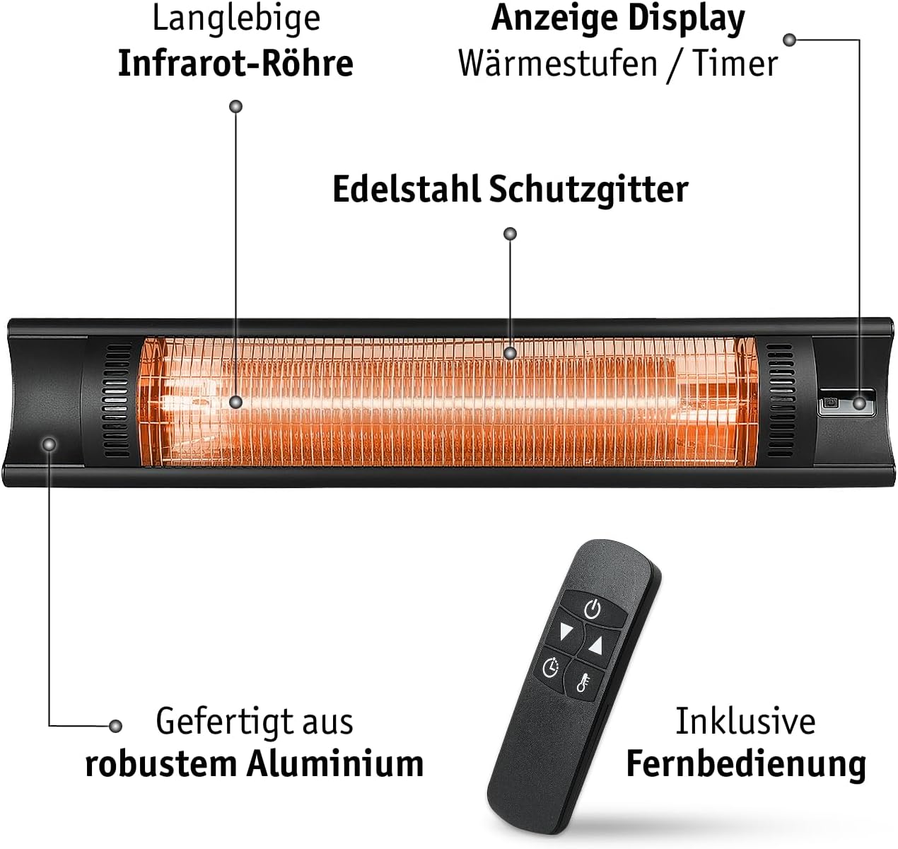 WALTER Professional Infrarot Wandheizstrahler 2000 W, 4 Stufen, Karbon Infrarot-Technologie, Terrassenheizstrahler für Innen- und Außenbereich, Timer Funktion, mit Fernbedienung, inkl Wandhalterung