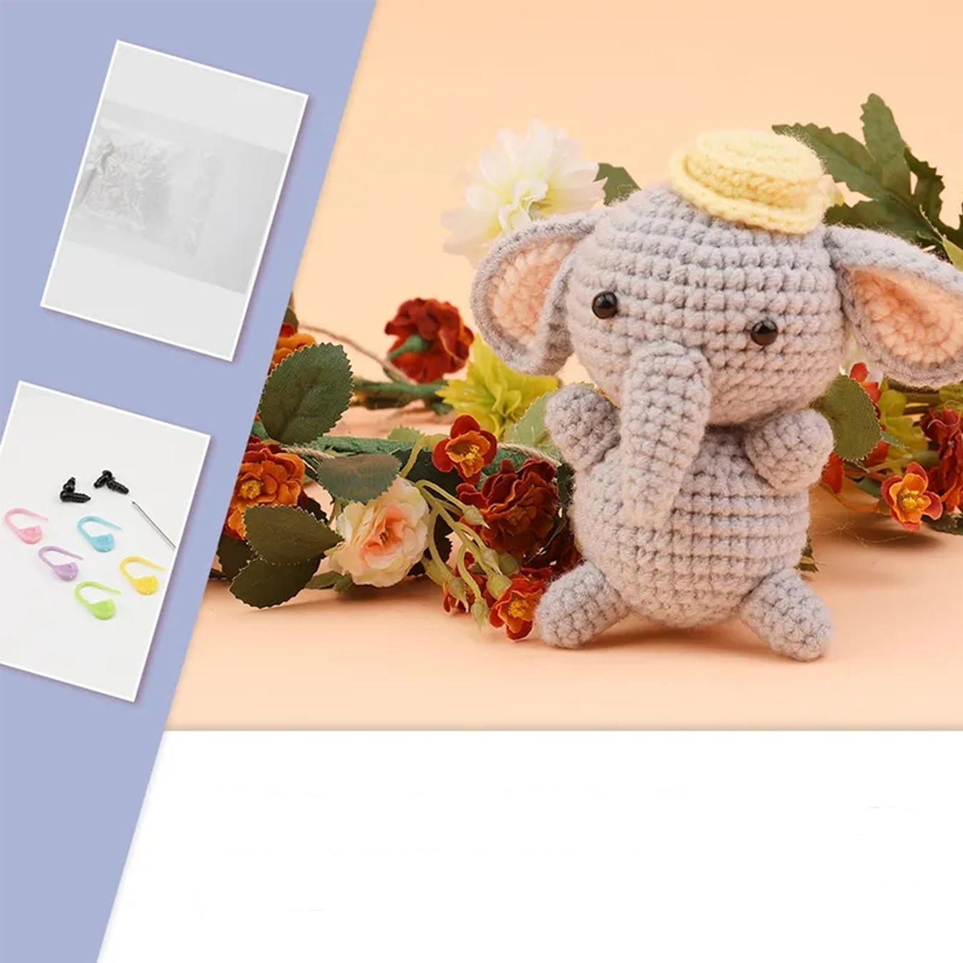 (17-tlg. Set) Häkel Handwerk Starter Kit DIY Mercerie Bastelkunst inkl. Wolle / Häkelnadel - Elefant