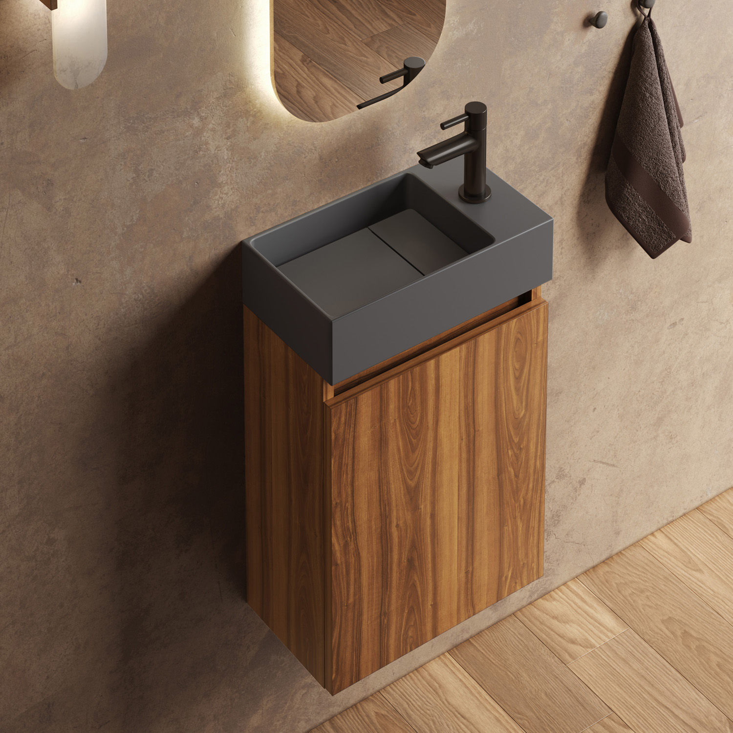 Fontana Itsie toiletmeubel walnoot 40cm met fontein in mat antraciet