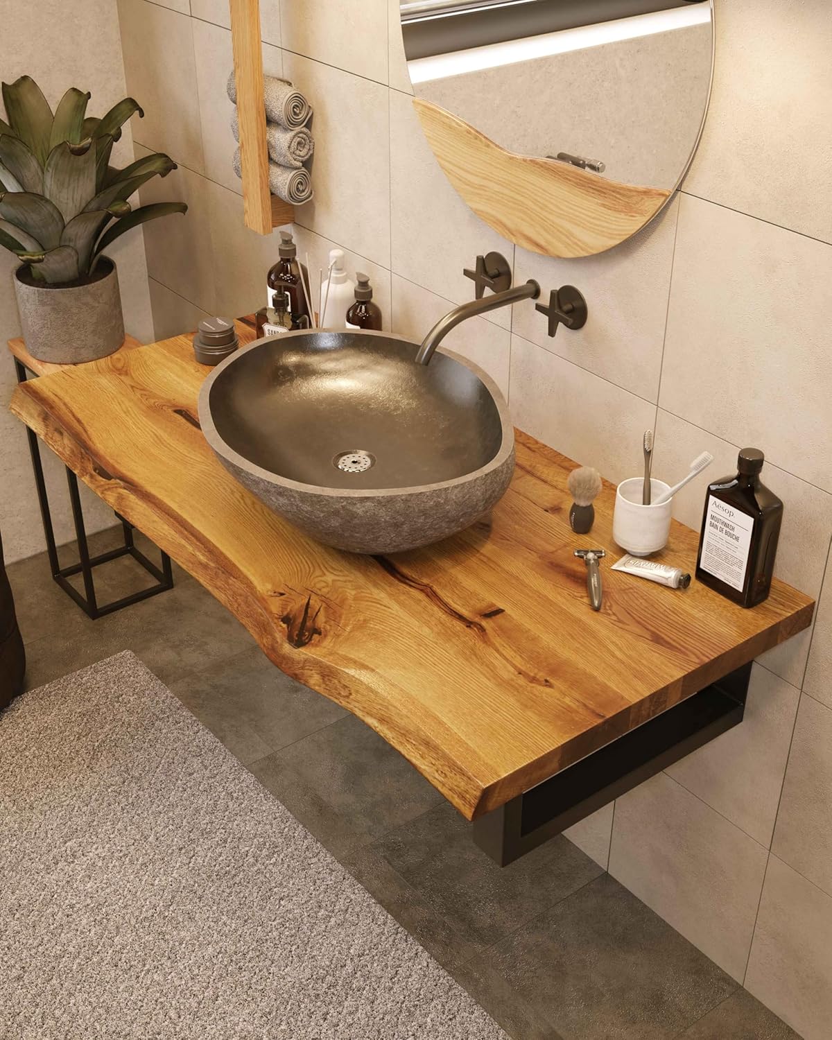 BestLoft Waschtischplatte Holz (Länge: 60 cm/Breite: 30-35 cm) Waschtisch Holz Eichenbrett Massiv 40 mm dick Tischplatte Baumkante Waschplätze rustikale Waschtischkonsole Massivholzplatte