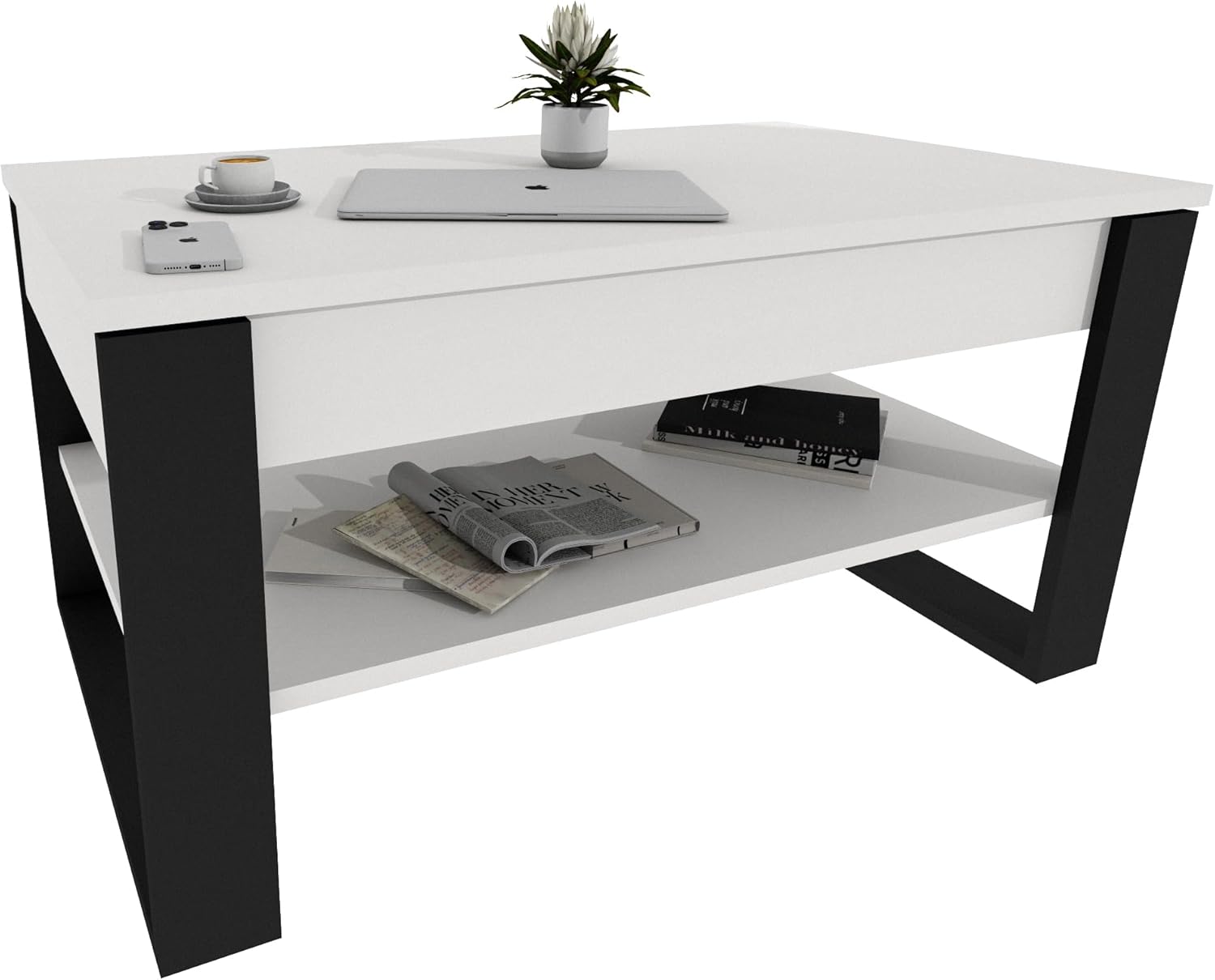 Couchtisch mit anhebbarer Platte | Höhenverstellbarer Wohnzimmertisch mit Stauraum | Sofatisch Weiß Schwarz modern mit Ablage & verstecktem Fach – Coffee Table für Wohnzimmer & Büro