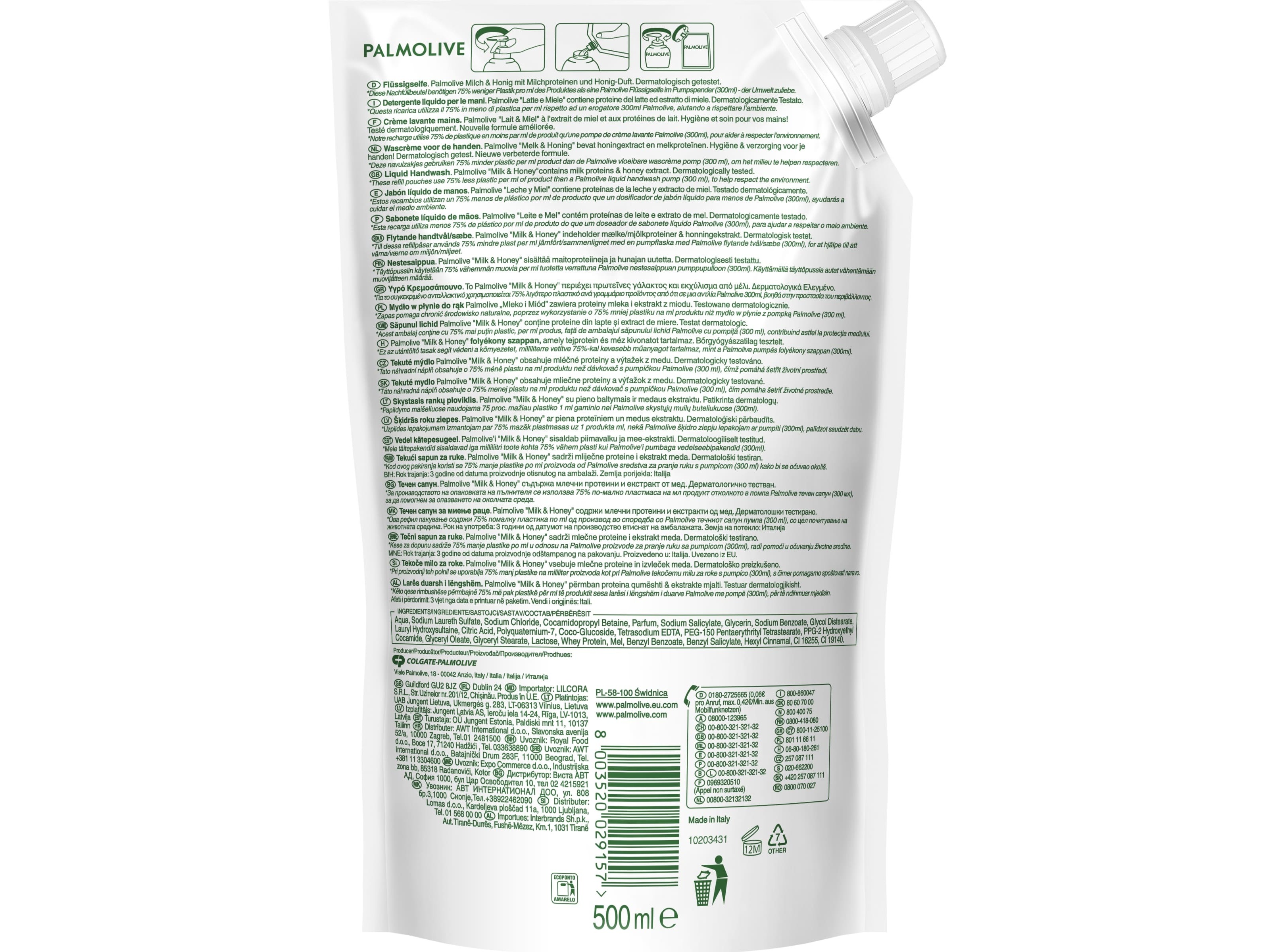 SABONETE LÍQUIDO PALMOLIVE RECARGA LEITE E MEL 500ML