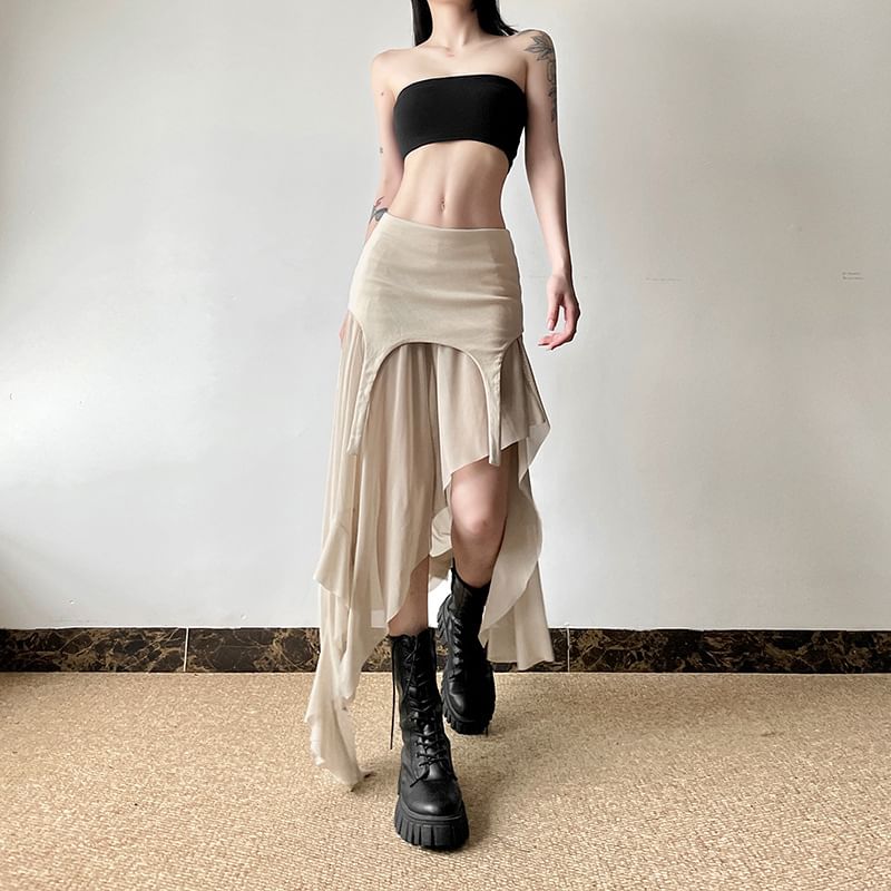 Sugarcoat - A-lijn rok met effen, asymmetrische panelen en mesh, middelhoge taille
