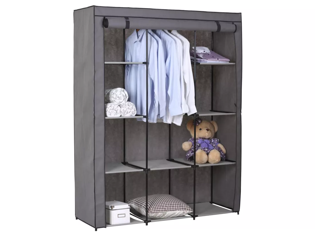 Garde-robe en tissu STEVEN structure en métal, 9 tablettes repositionnables pour 7 possibilités d'aménagement, coloris gris