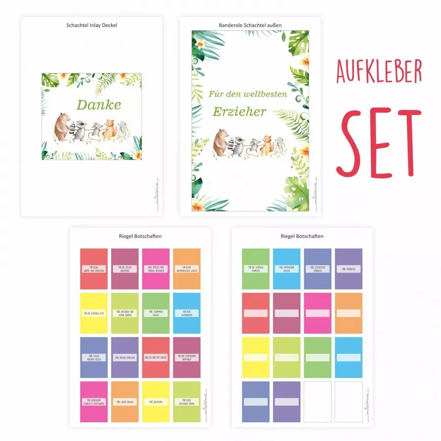 Nikima Papeterie AUFKLEBER SET - Merci Danke Tiere Abschiedsgeschenk Kita Erzieher bunt