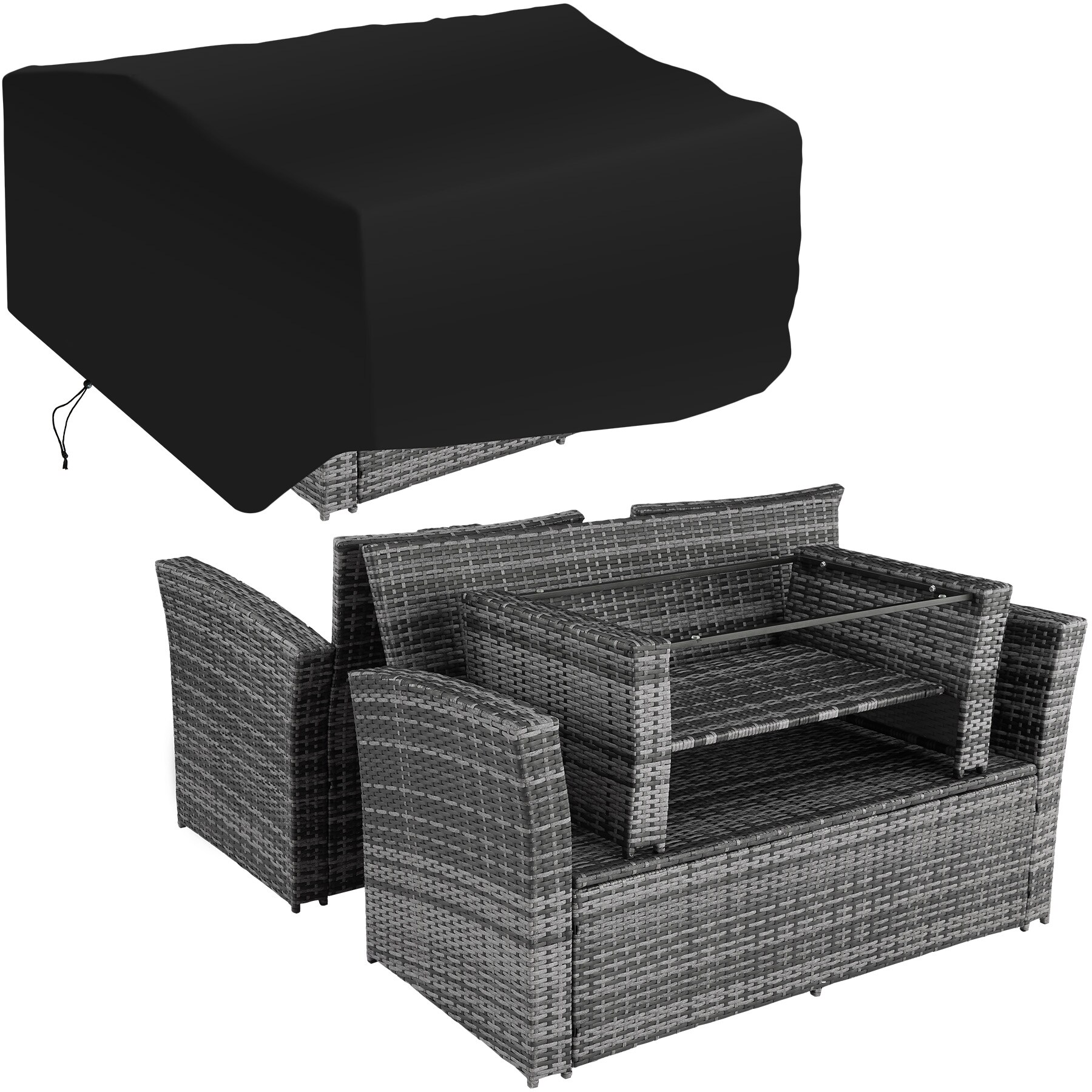 tectake® Rattan Sitzgruppe, für 4 bis 6 Personen, UV-beständig, inklusive Staufach und Schutzhülle