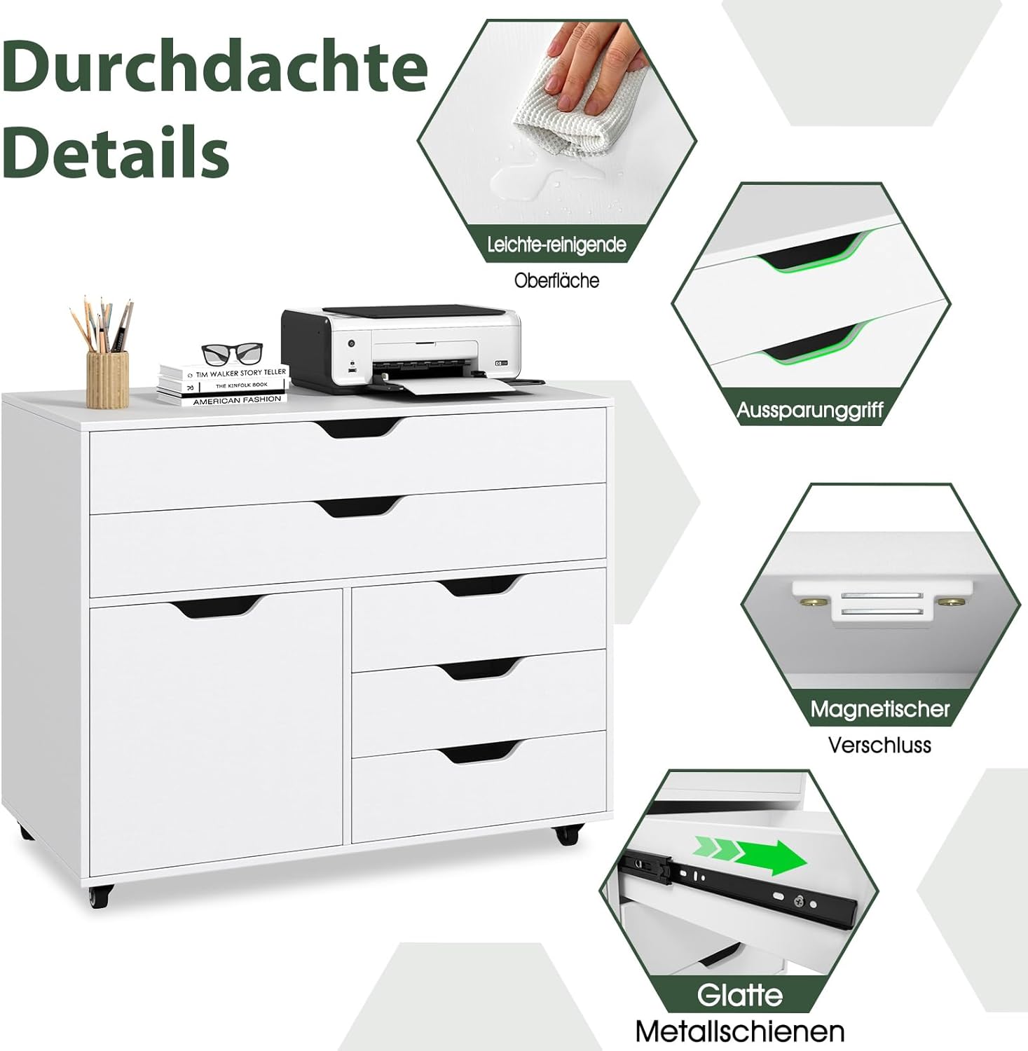 COSTWAY Rollcontainer mit 5 Schubladen & Schrank, mobiler Aktenschrank mit Rollen, Schubladenschrank mit Arbeitsplatte, Rollwagen Bürocontainer aus Holz für Zuhause, Büro, Weiß