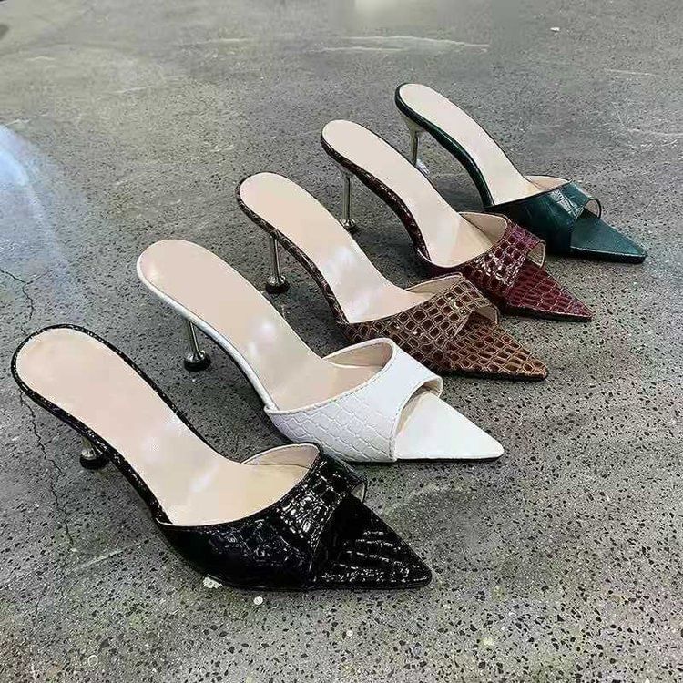 AGETSO - Kitten Heel Puntige Teen Krokodillenleer Slide Sandalen