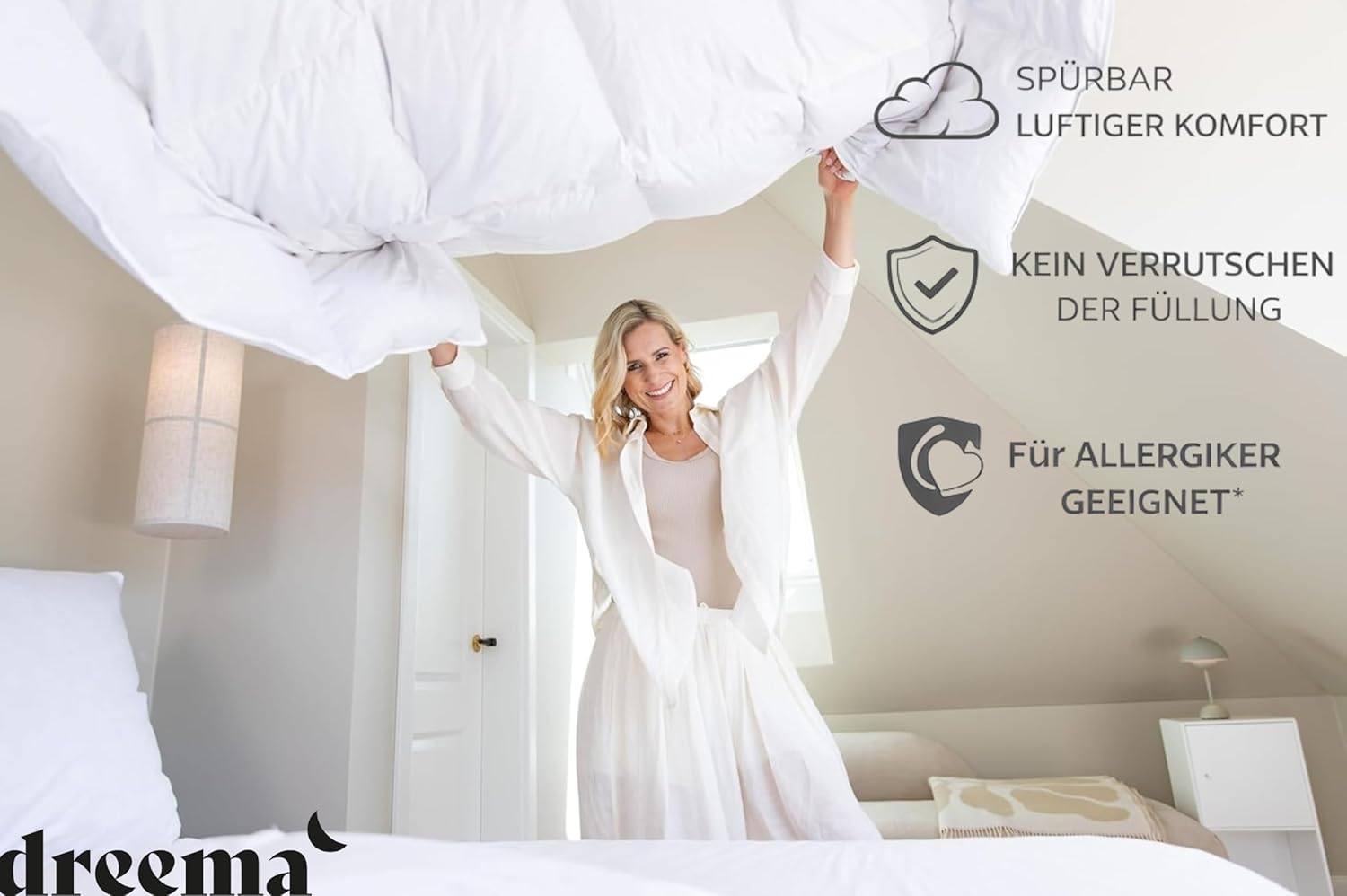 DREEMA Bettdecke 200x200 Daunendecke Warm | Extraweiche Daunenfüllung | in Deutschland gefertigt | 100% nachhaltig mit Oeko-TEX & Nomite | Allergiker geeignet | Soft-Touch Baumwollbezug