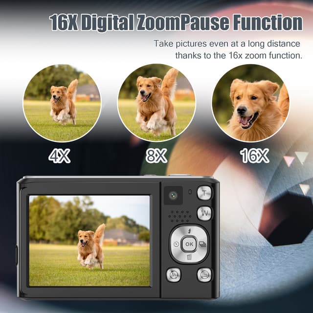 4K HD digitalkamera med front- og bagkamera og stabilisering Sort