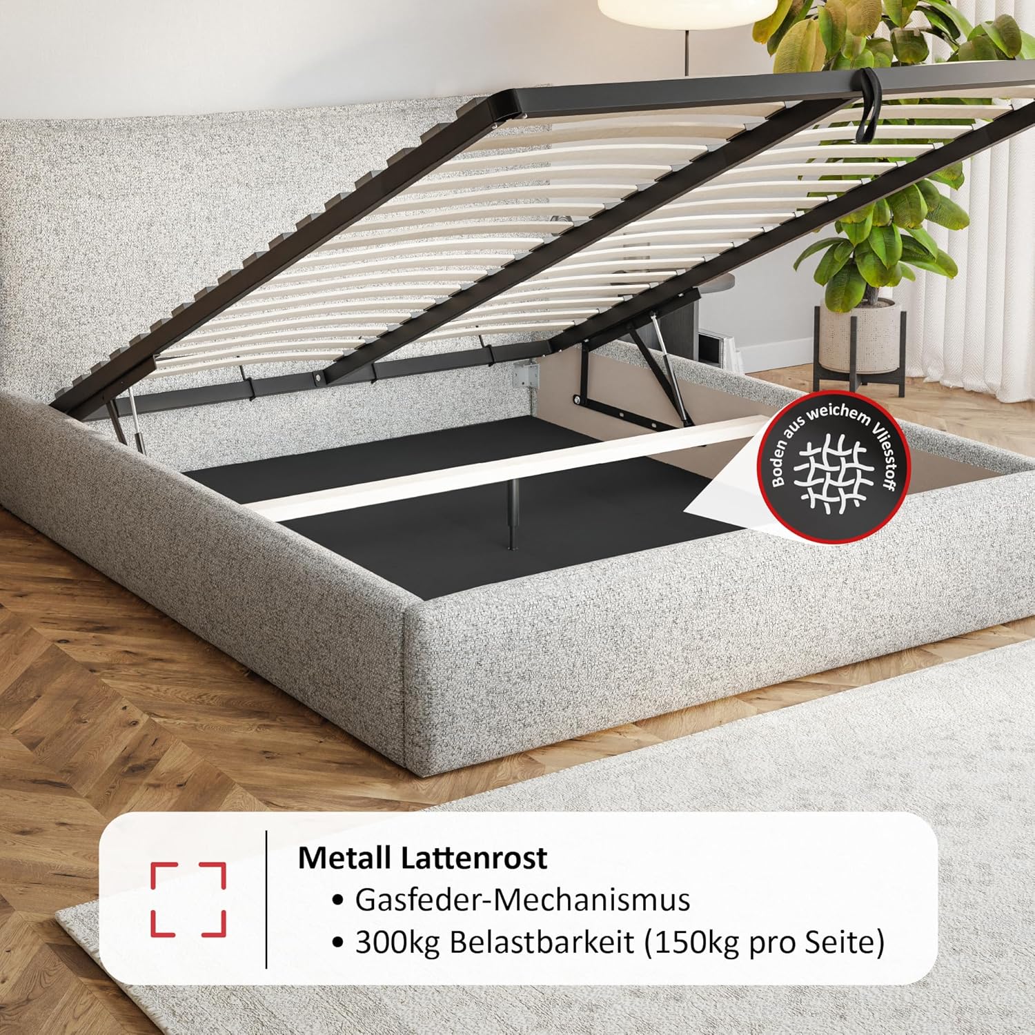 Leno Bett 200x200 Beige Samt, mit Stauraum, mit Kopfteil, mit Lattenrost, ohne Füße, ohne Matratze, Polsterbett 200x200 mit Bettkasten Beige (Creme)