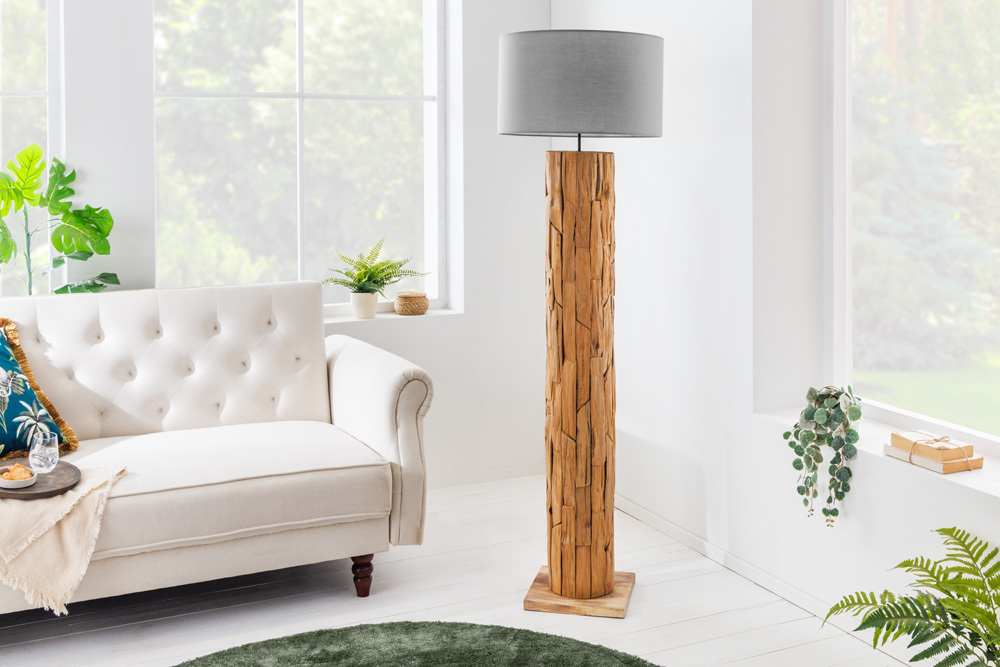 Design Stehlampe ROOTS 160cm Treibholz Leinenschirm grau handmade