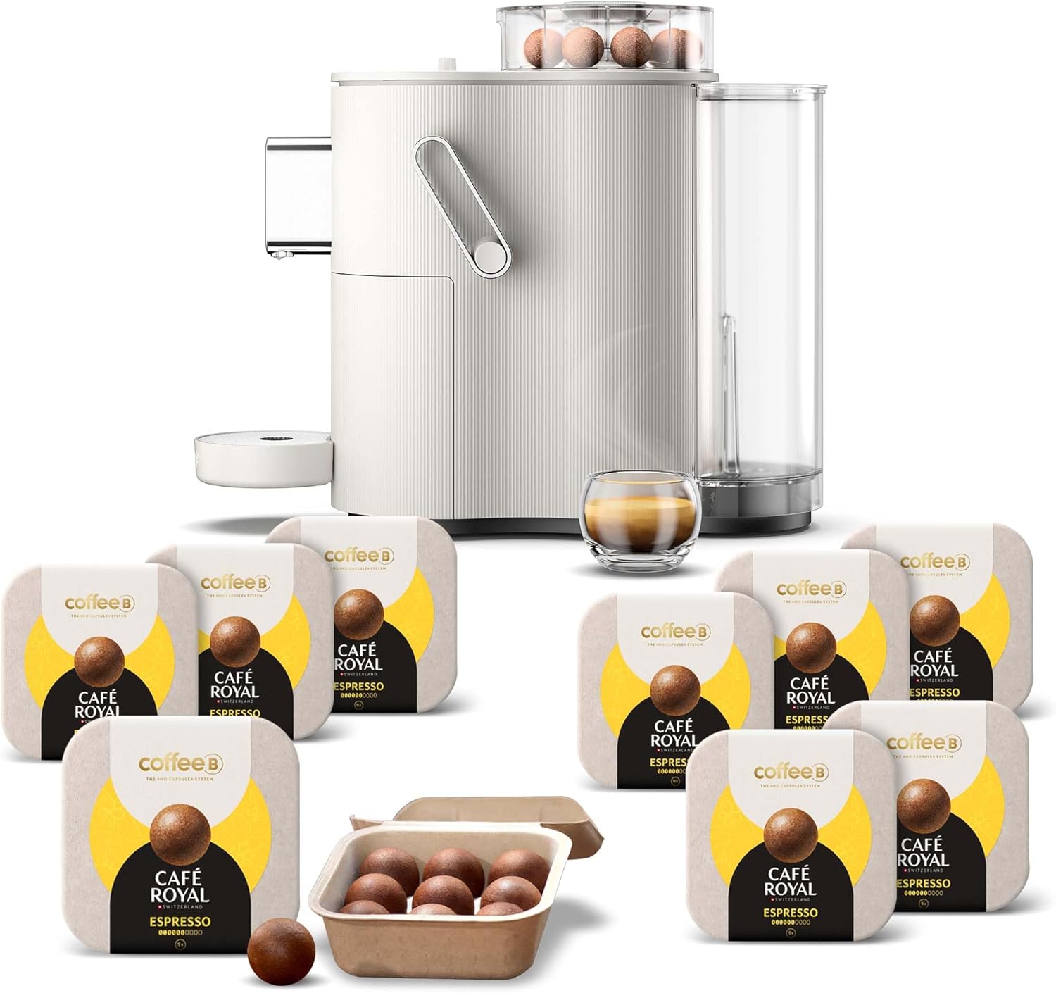 CoffeeB Kaffeemaschine Globe weiß 1,3 l by Café Royal + 90 Coffee Balls Espresso – 100% kompostierbar