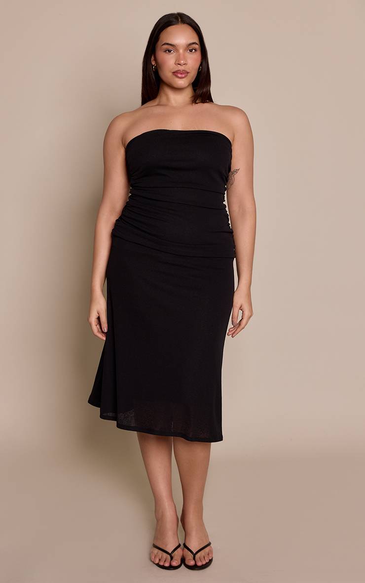 Noir Robe Midi Grande Taille À Bandeau En Tissu Gaufré Avec Détails Froncés