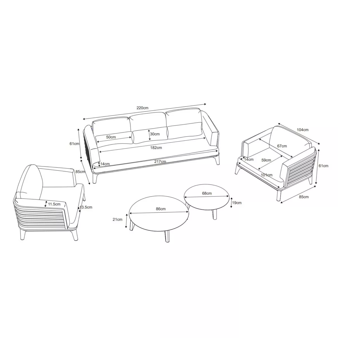 Salon de jardin aluminium 5 places 5 pcs Monte Carlo Gris anthracite et gris clair