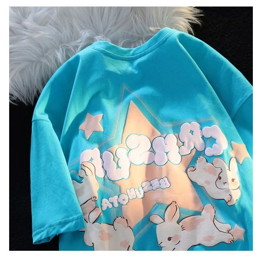Rosesand - T-shirt met korte mouwen en sterren- en konijnenprint en losse pasvorm