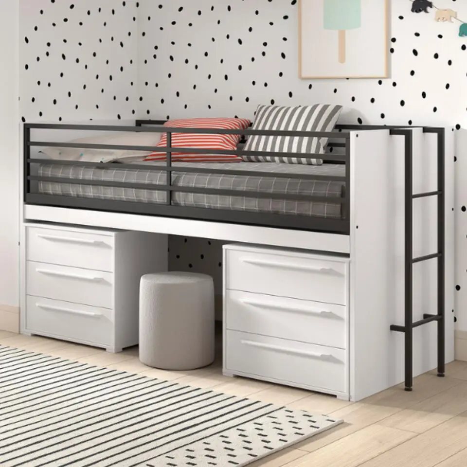Halfhoogslaper Sammie 90x200cm - met bureau en ladekasten - wit