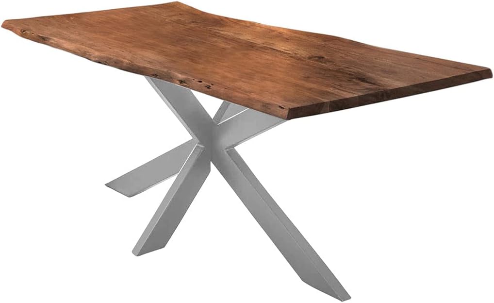 SAM Esstisch 160x85cm Salerno, Akazienholz nussbaumfarben + massiv + lackiert, echte Baumkante, Baumkantentisch, Spider-Metallgestell Silber, Esszimmertisch, Tischplatte 35mm