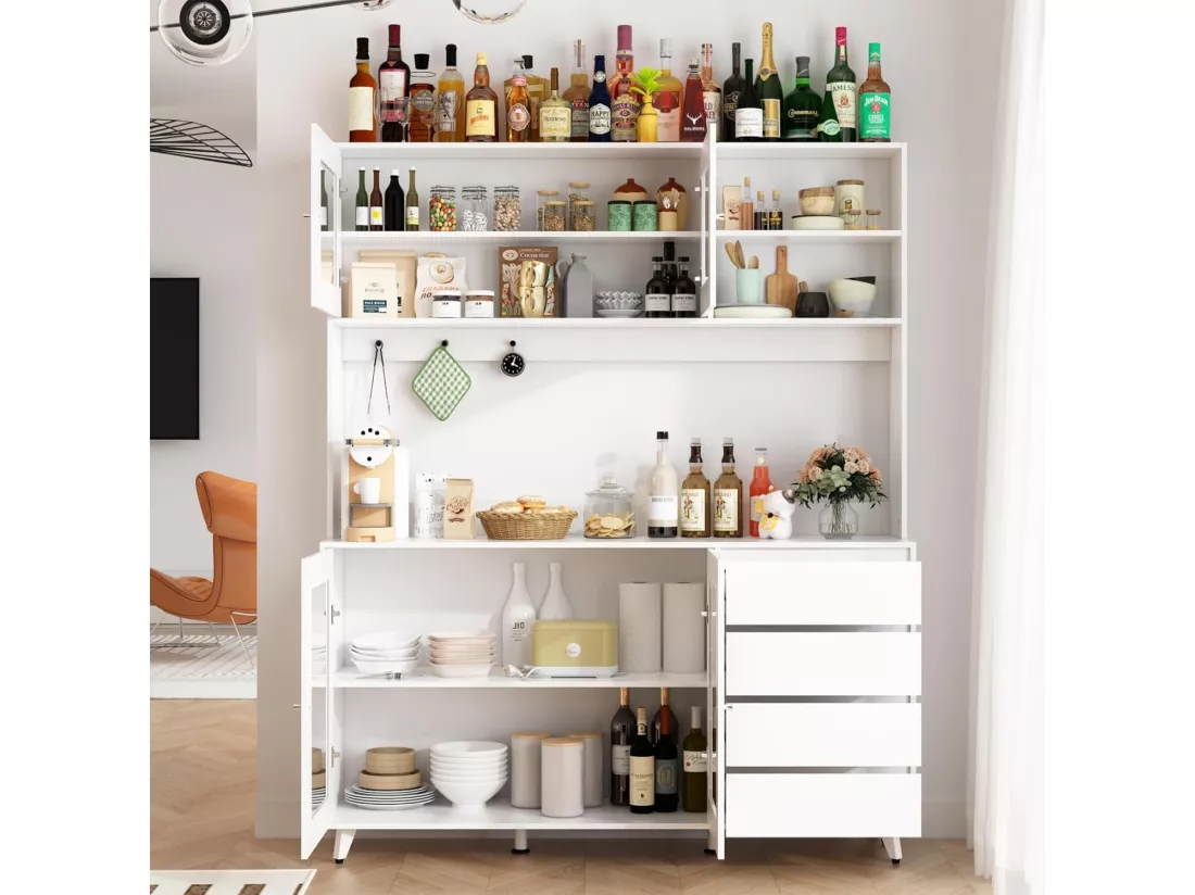 Buffet de cuisine Armoire verre haute Armoire de cuisine Plan de travaille Compartiment ouverts 4 portes 4 Tirois Blanc 160x40x190cm