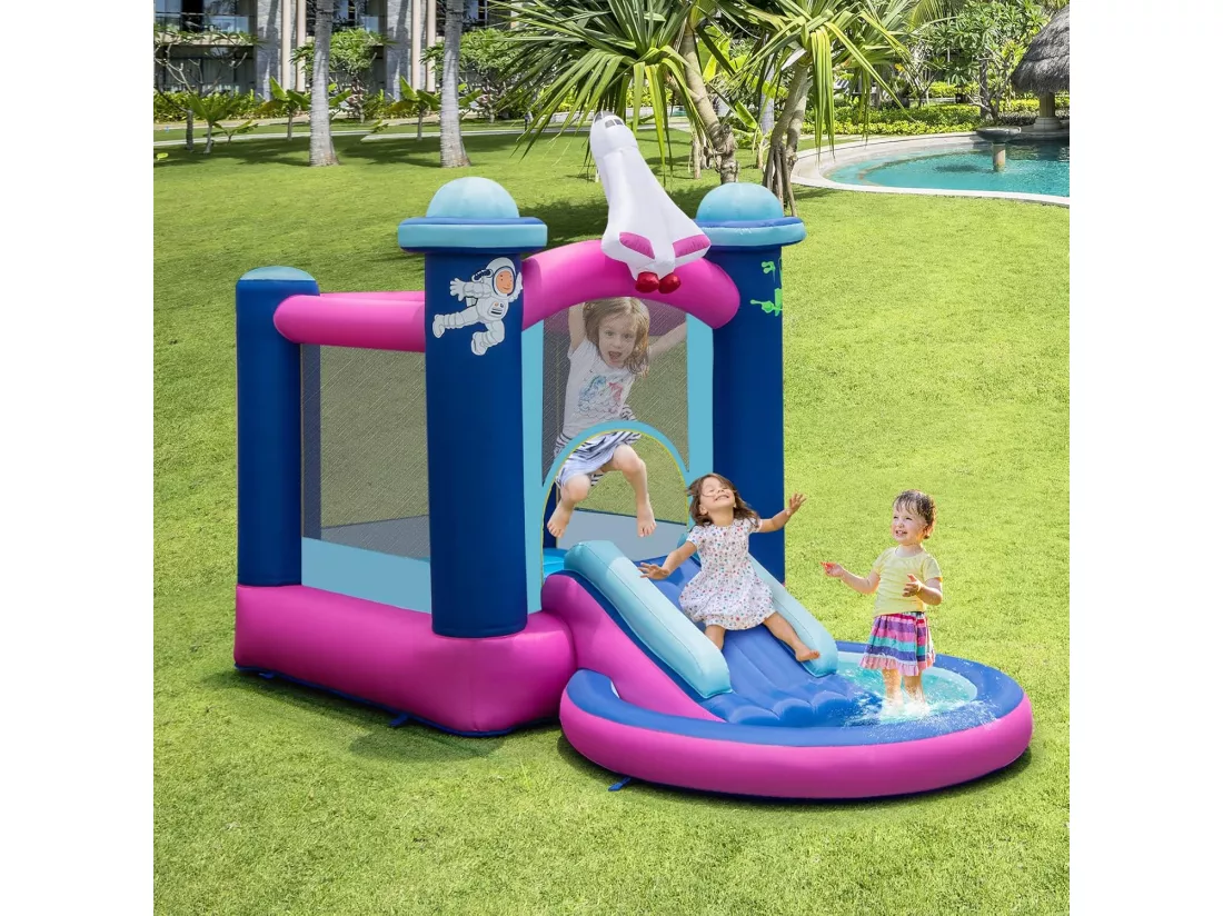Toboggan Aquatique Gonflable Thème de l'espace avec Piscine à Eclaboussures Toboggan Portable,Sac de Transport et Piquets（sans Gonfleur）