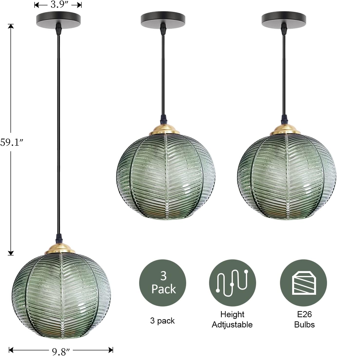 Pendelleuchte Glas Pendelleuchte Esstisch Grüne Hängelampe 3er Moderne Höhenverstellbar Pendellampe Grün Hängeleuchte Esszimmer Wohnzimmer Küche Bar Esszimmerlampe Hängend, E26(3Pack)