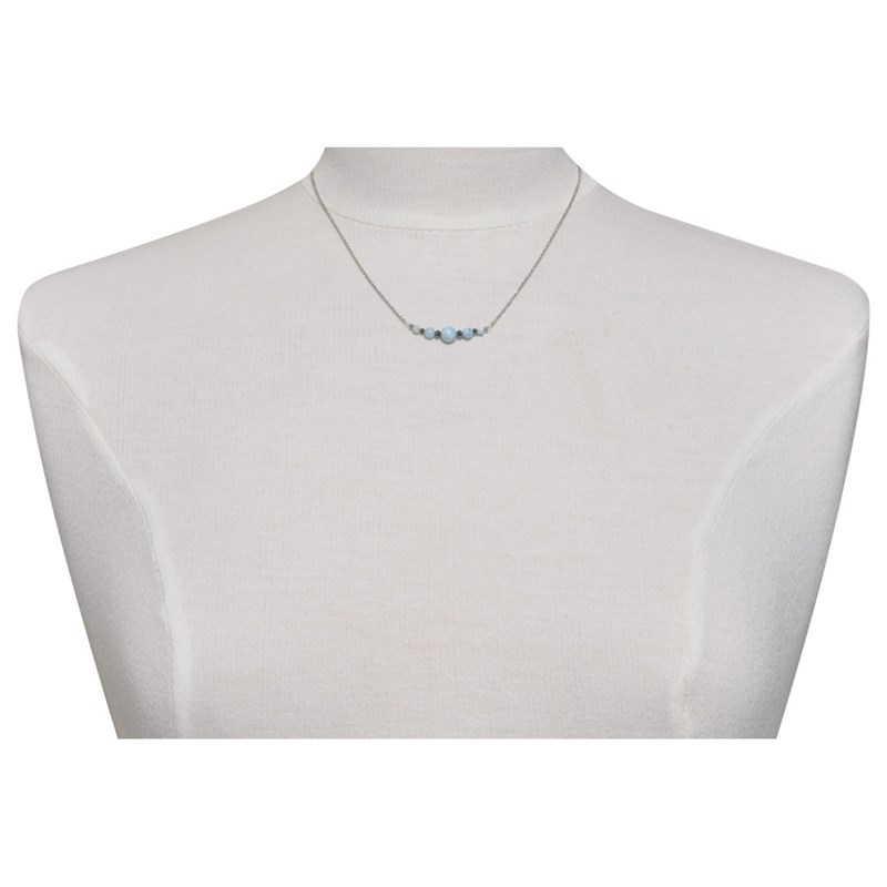 Collier Chaine Argent Rhodié Cinq Perles de Larimar et Quatre Diamants Noirs Facettées