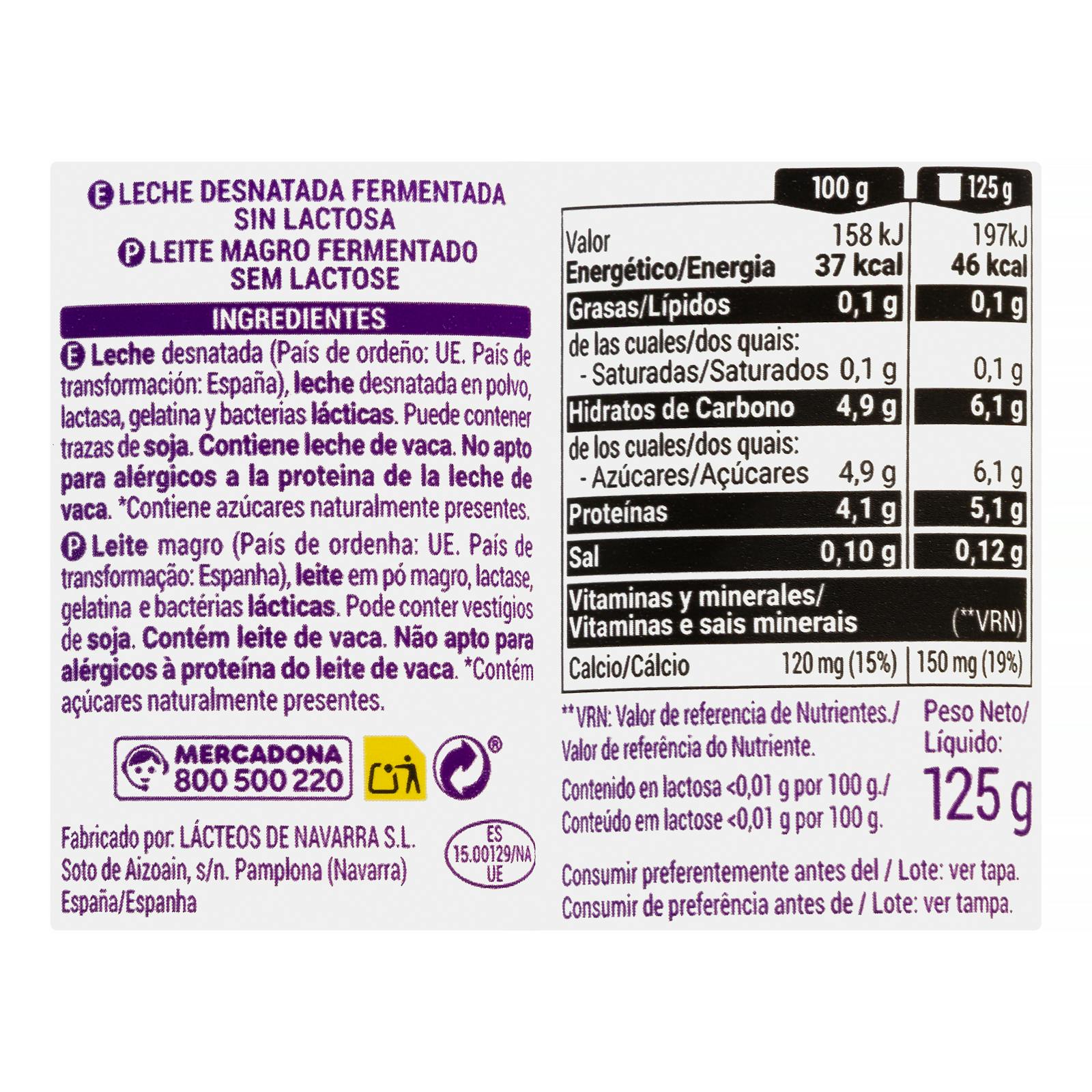 Dessert laitier naturel sans lactose Hacendado 0% mg 0% sucres ajoutés