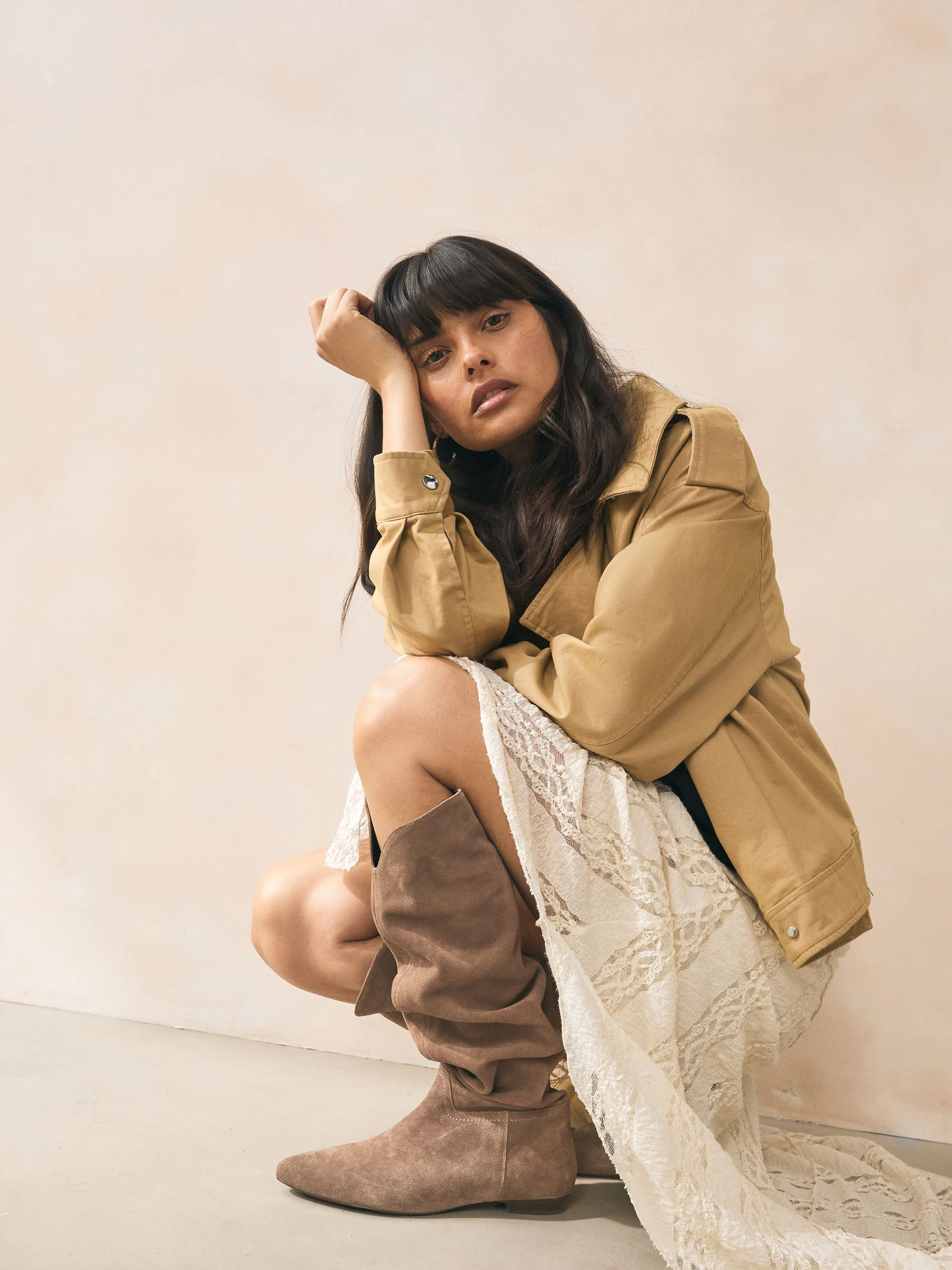 Mink-bruin suède - Signature Premium leren kniehoge slouch Boots