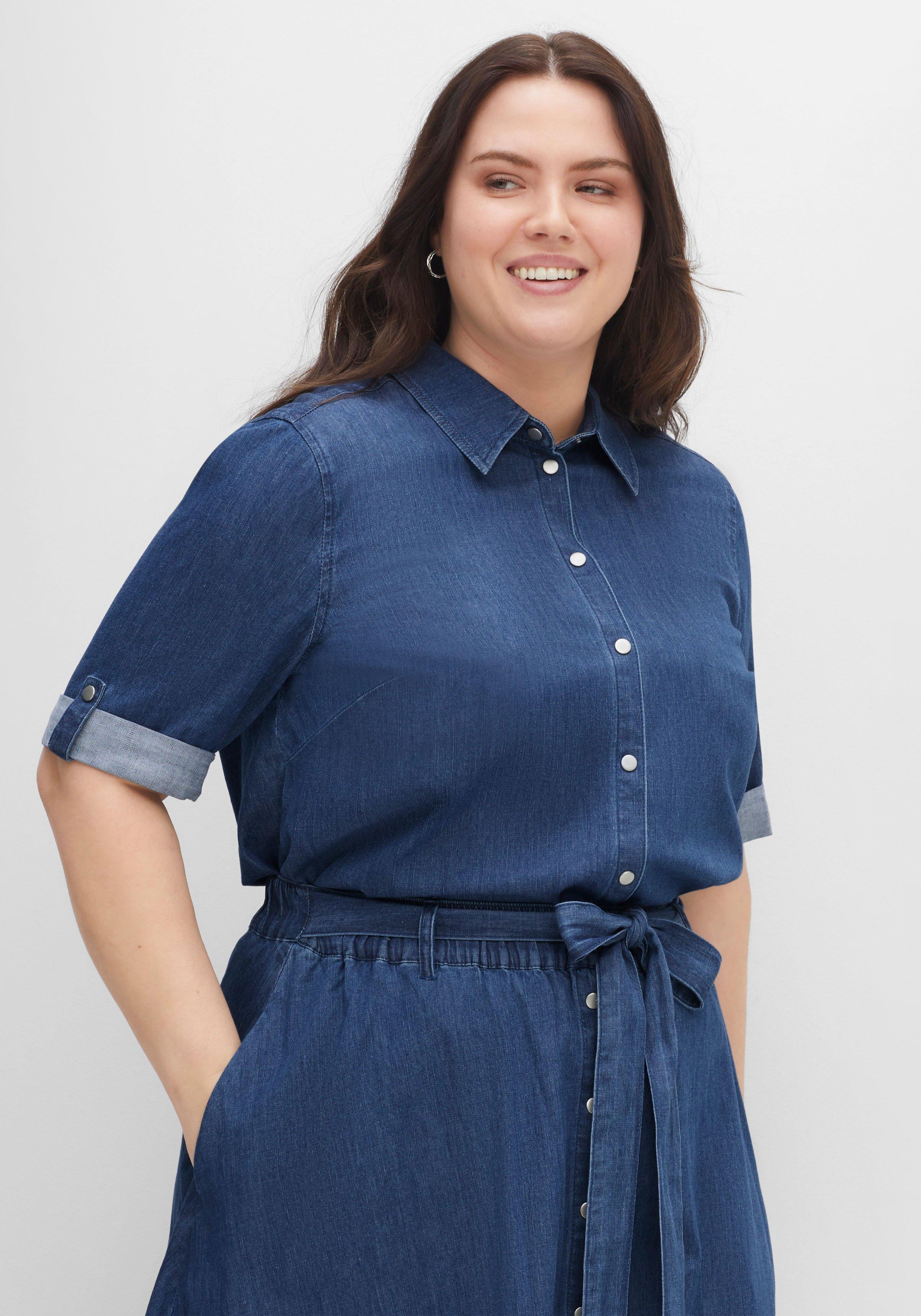 Jeansbluse mit kurzem Arm und Druckknopfleiste
