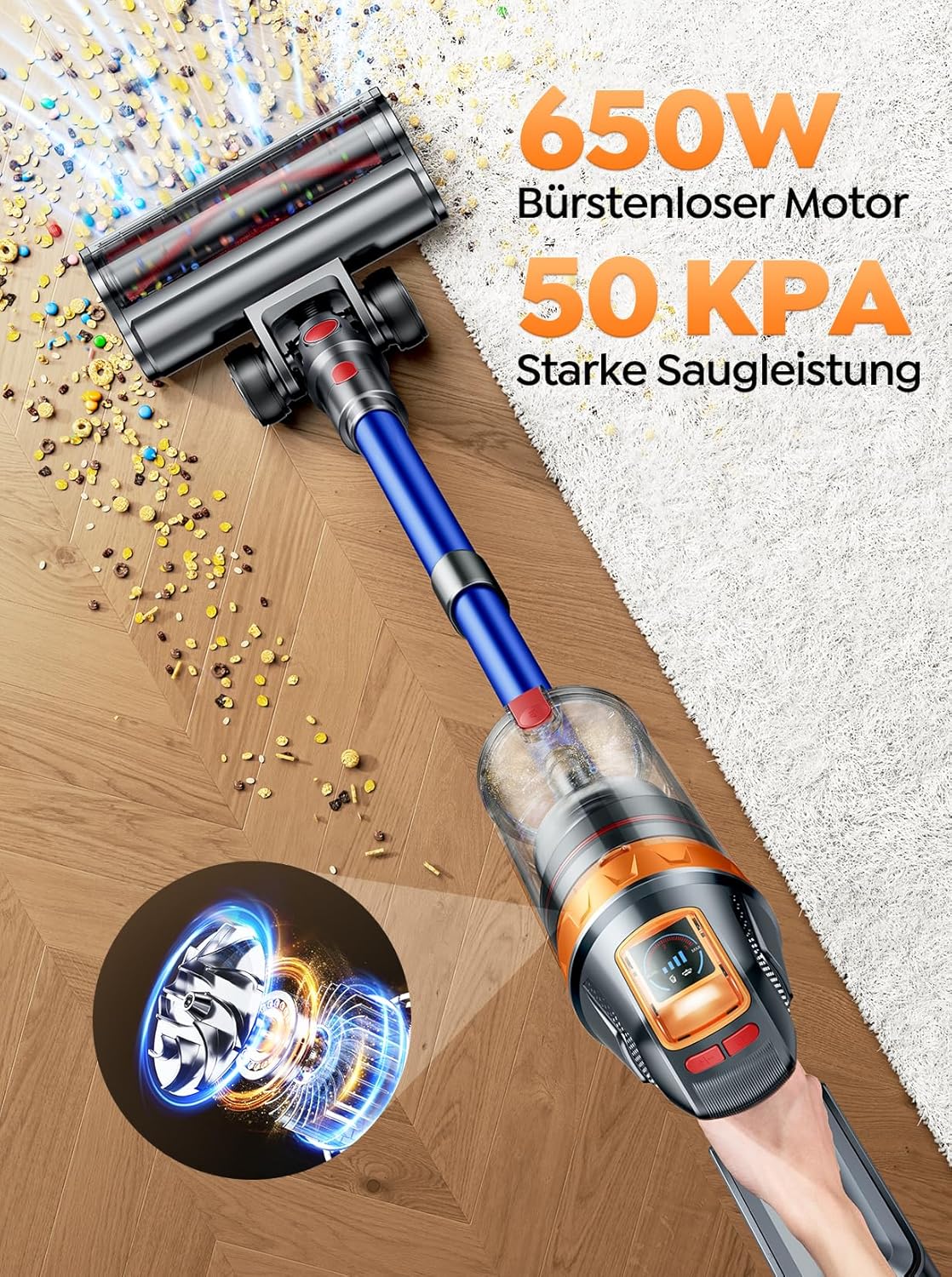 SMOTURE 650W 50KPA Akku Staubsauger mit Mini-Turbinendüse für Tierhaare, 60 Min. Laufzeit Selbststehender Staubsauger Kabellos mit Wandmontierte Ladestation, Automatikmodus für Teppich/Hartboden