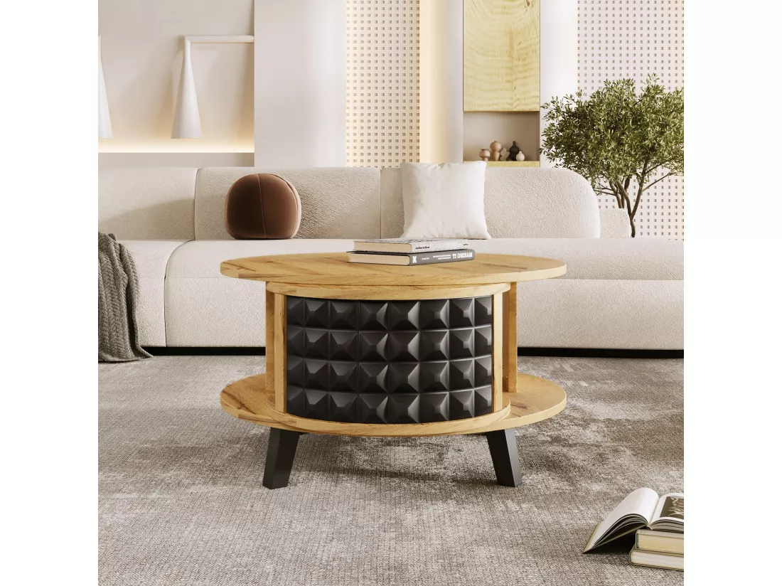 Table basse pivotante moderne avec rangement caché, design bicolore bois et noir