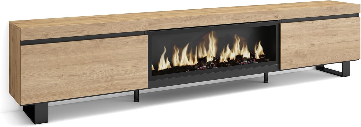 Skraut Home | TV-Schrank, Lowboard | für Wohnzimmer und Esszimmer | 267x57x35 cm | Für großformatiges TV | Elektrokamin XXL | Industriedesign | Moderner Stil | Eiche
