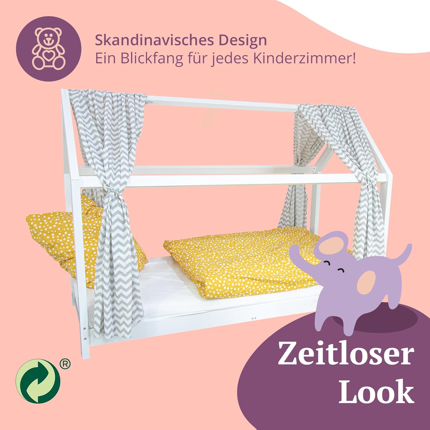 Puckdaddy® Finn | Hausbett 90x200 cm | Kinderbett aus Holz in Weiß | Bettrahmen im Hausbett-Design | Roll Lattenrost 90x200 | Hochwertiges Kinderzimmer & Jugendbett | Bett für Kinder von 3-16 Jahren